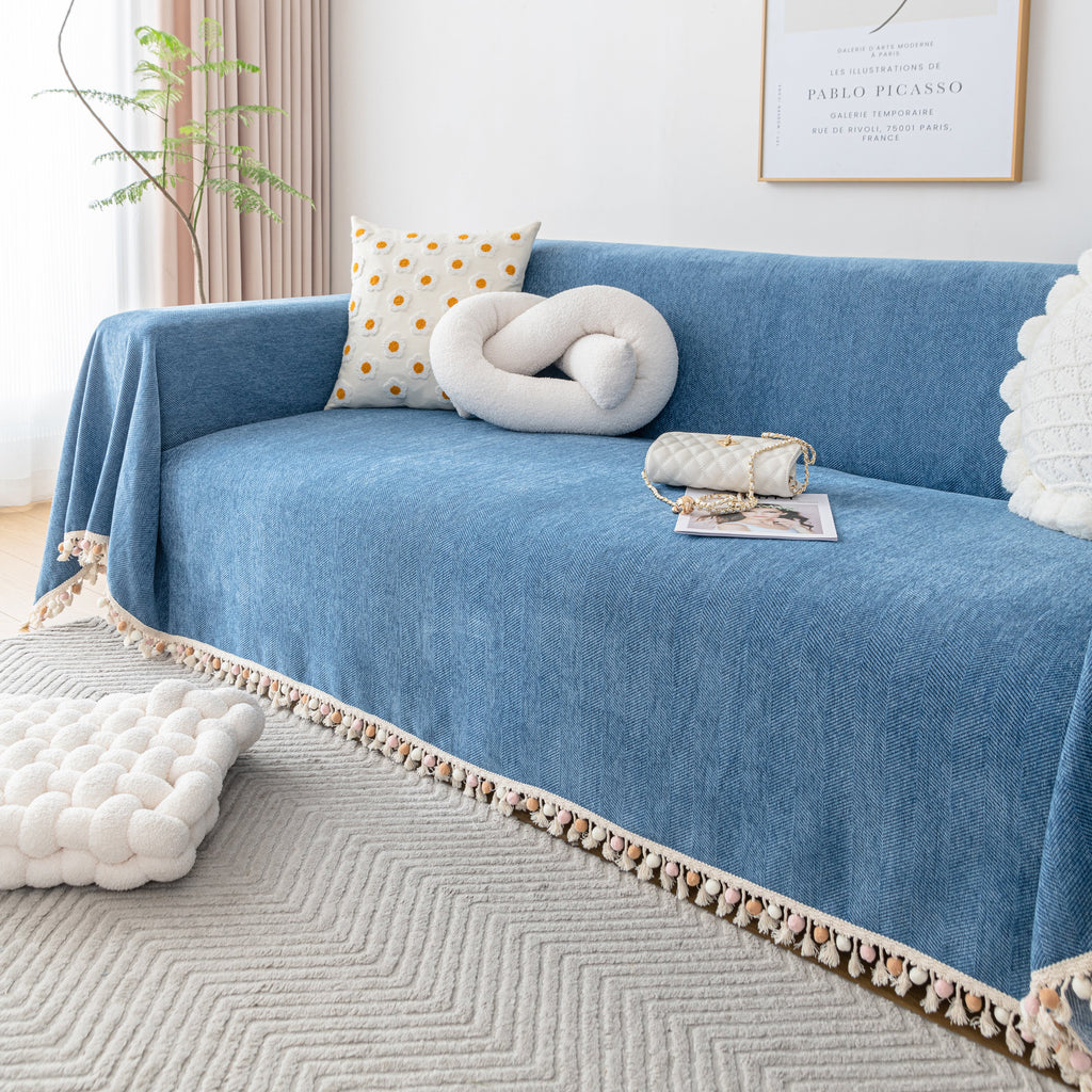 Couch Cover Sectional L Shape Chenille Herringbone Couch Throw Cover with Tassel Pom-Poms for Pets