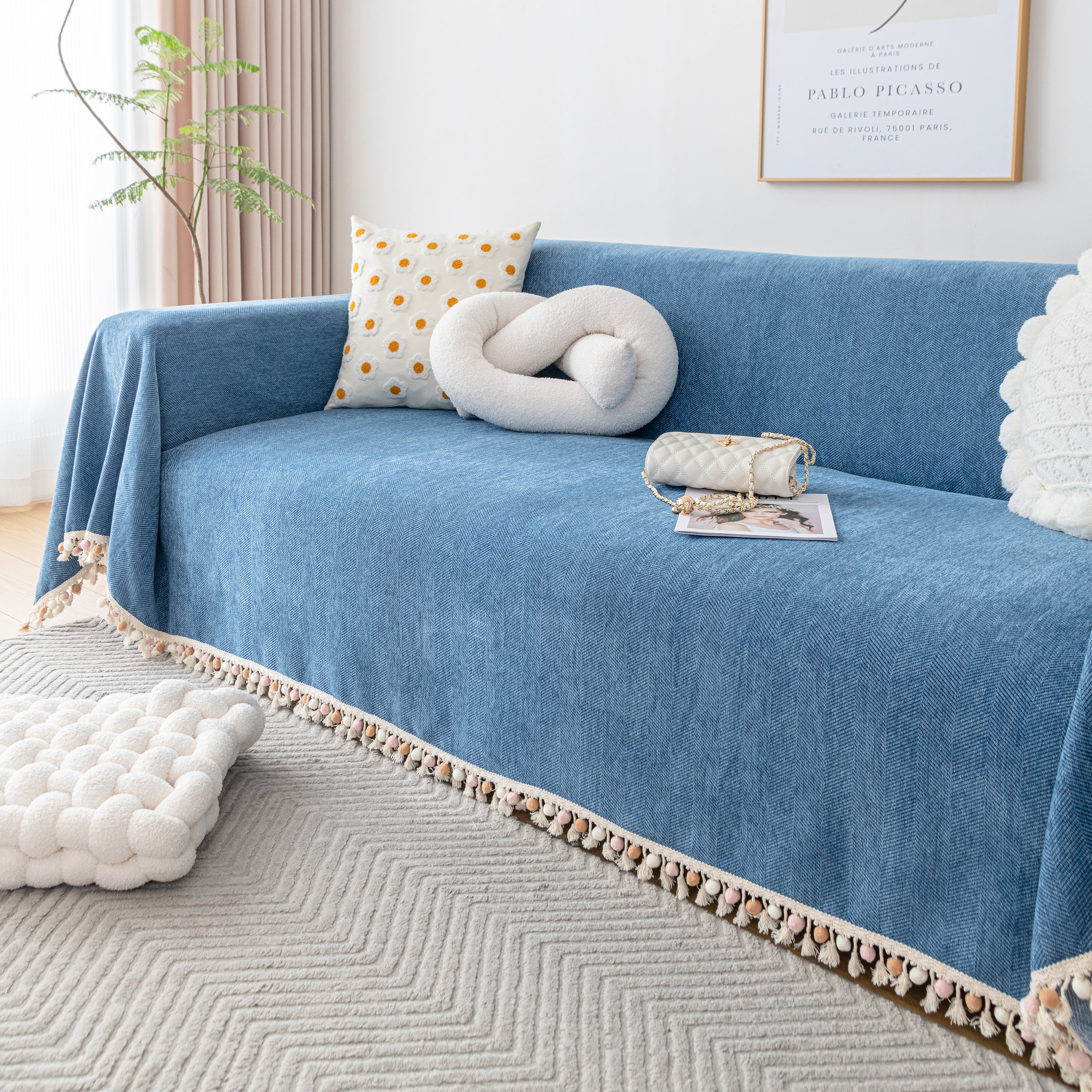 Couch Cover Sectional L Shape Chenille Herringbone Couch Throw Cover with Tassel Pom-Poms for Pets