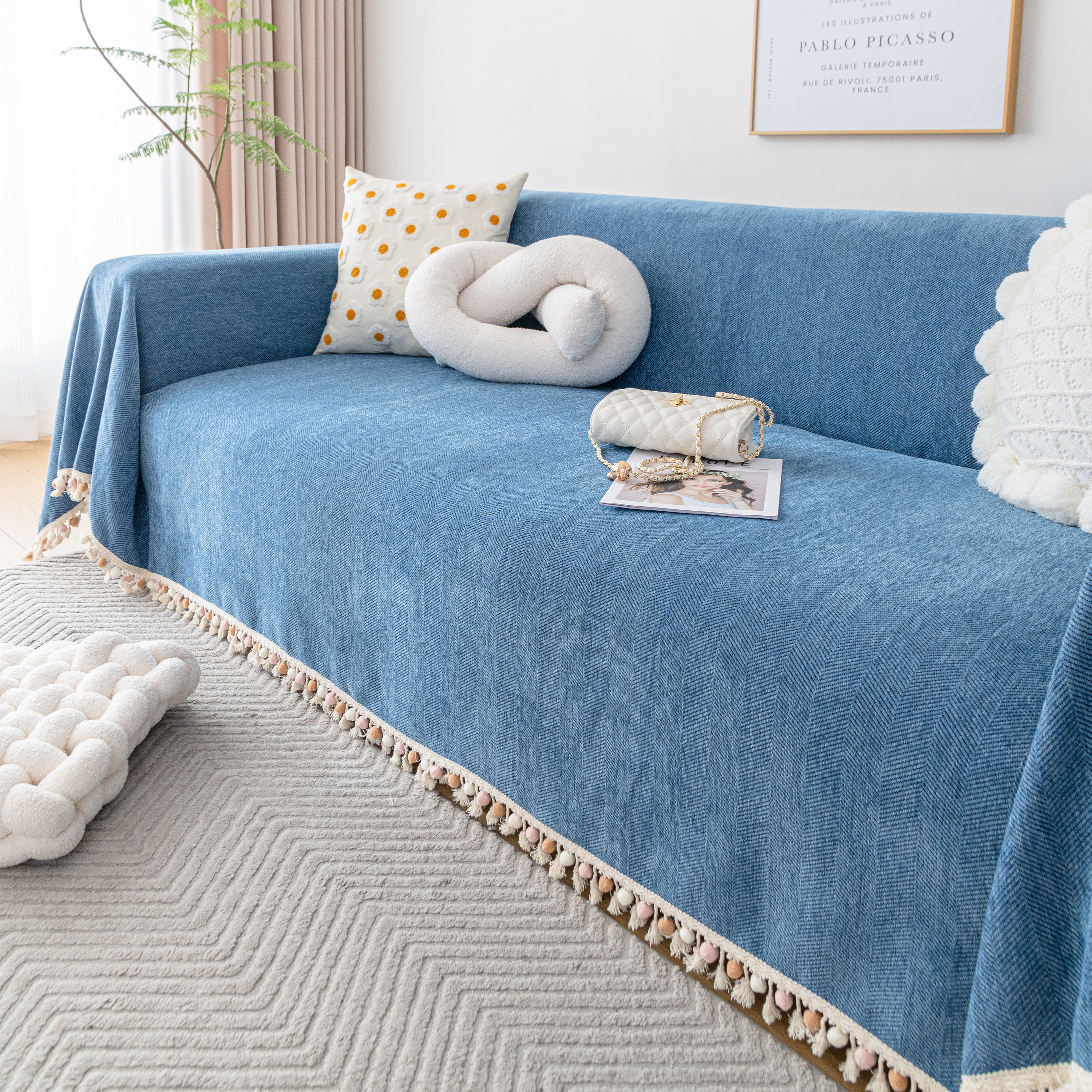 Couch Cover Sectional L Shape Chenille Herringbone Couch Throw Cover with Tassel Pom-Poms for Pets