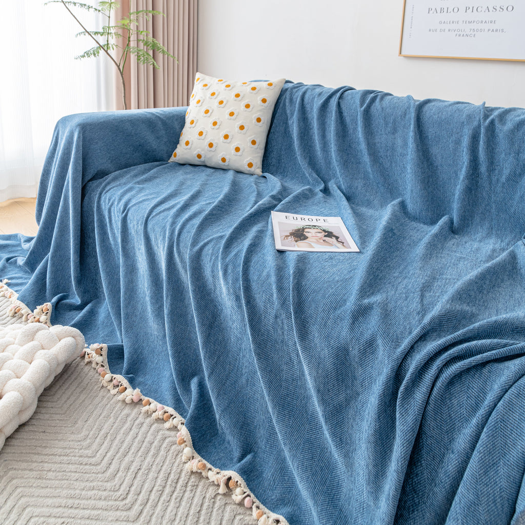 Couch Cover Sectional L Shape Chenille Herringbone Couch Throw Cover with Tassel Pom-Poms for Pets