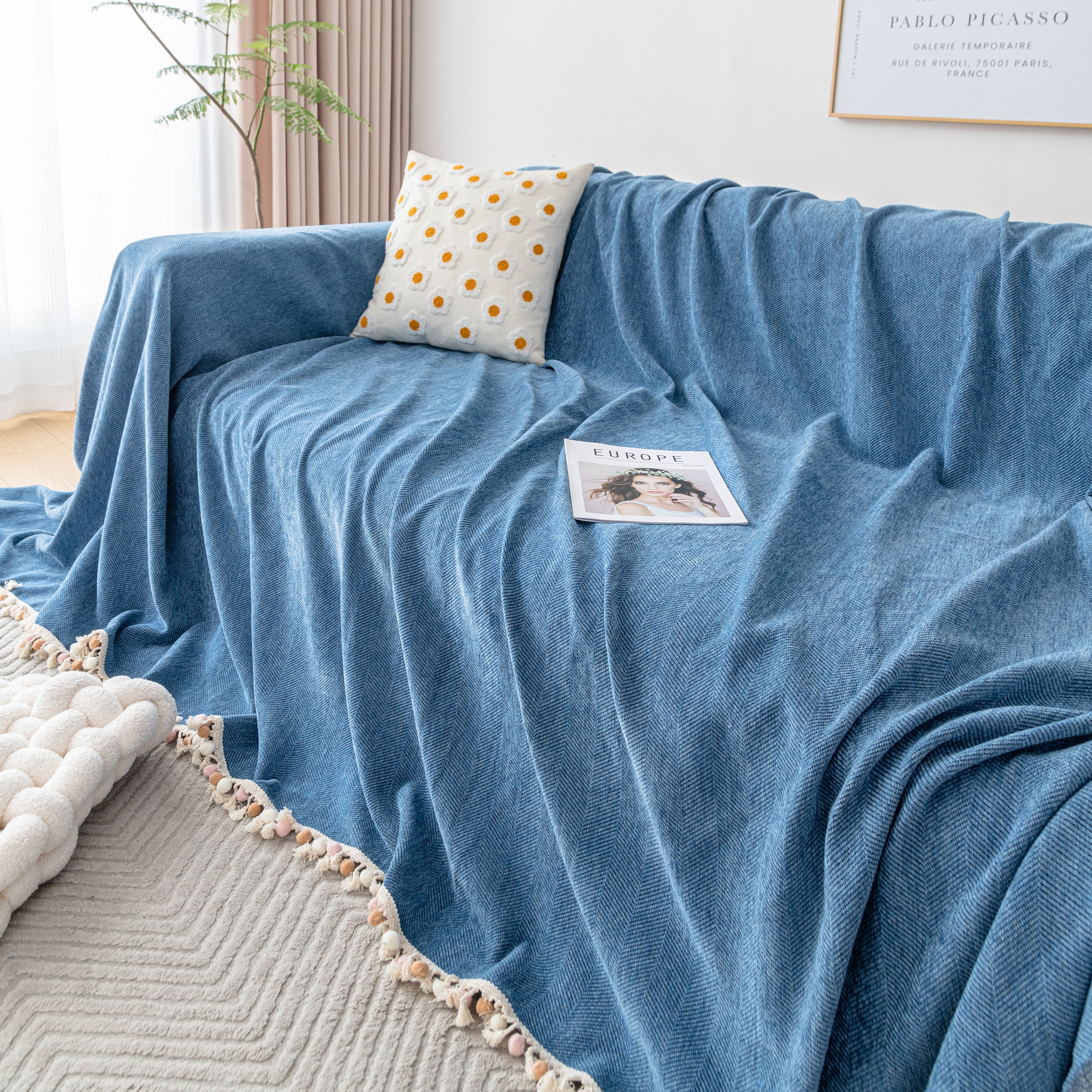 Couch Cover Sectional L Shape Chenille Herringbone Couch Throw Cover with Tassel Pom-Poms for Pets