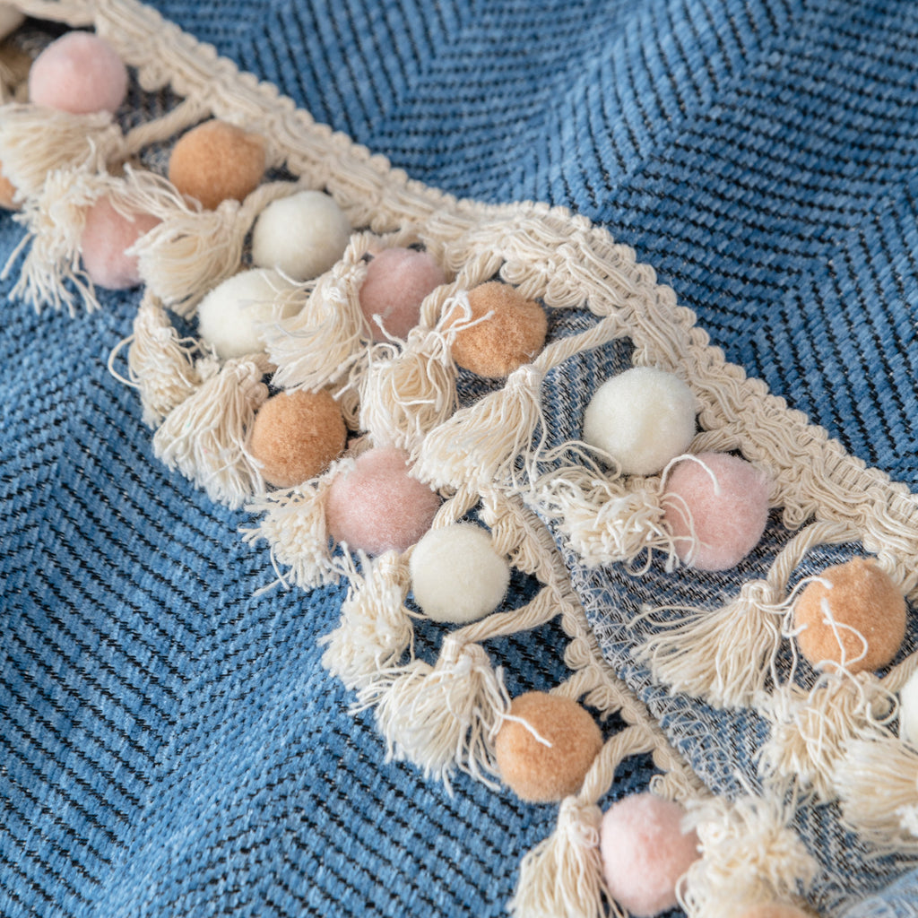 Couch Cover Sectional L Shape Chenille Herringbone Couch Throw Cover with Tassel Pom-Poms for Pets