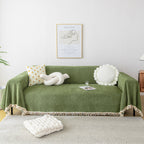Couch Cover Sectional L Shape Chenille Herringbone Couch Throw Cover with Tassel Pom-Poms for Pets