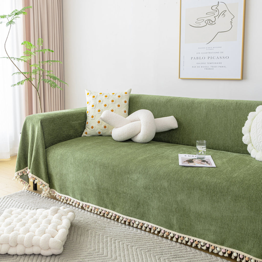 Couch Cover Sectional L Shape Chenille Herringbone Couch Throw Cover with Tassel Pom-Poms for Pets