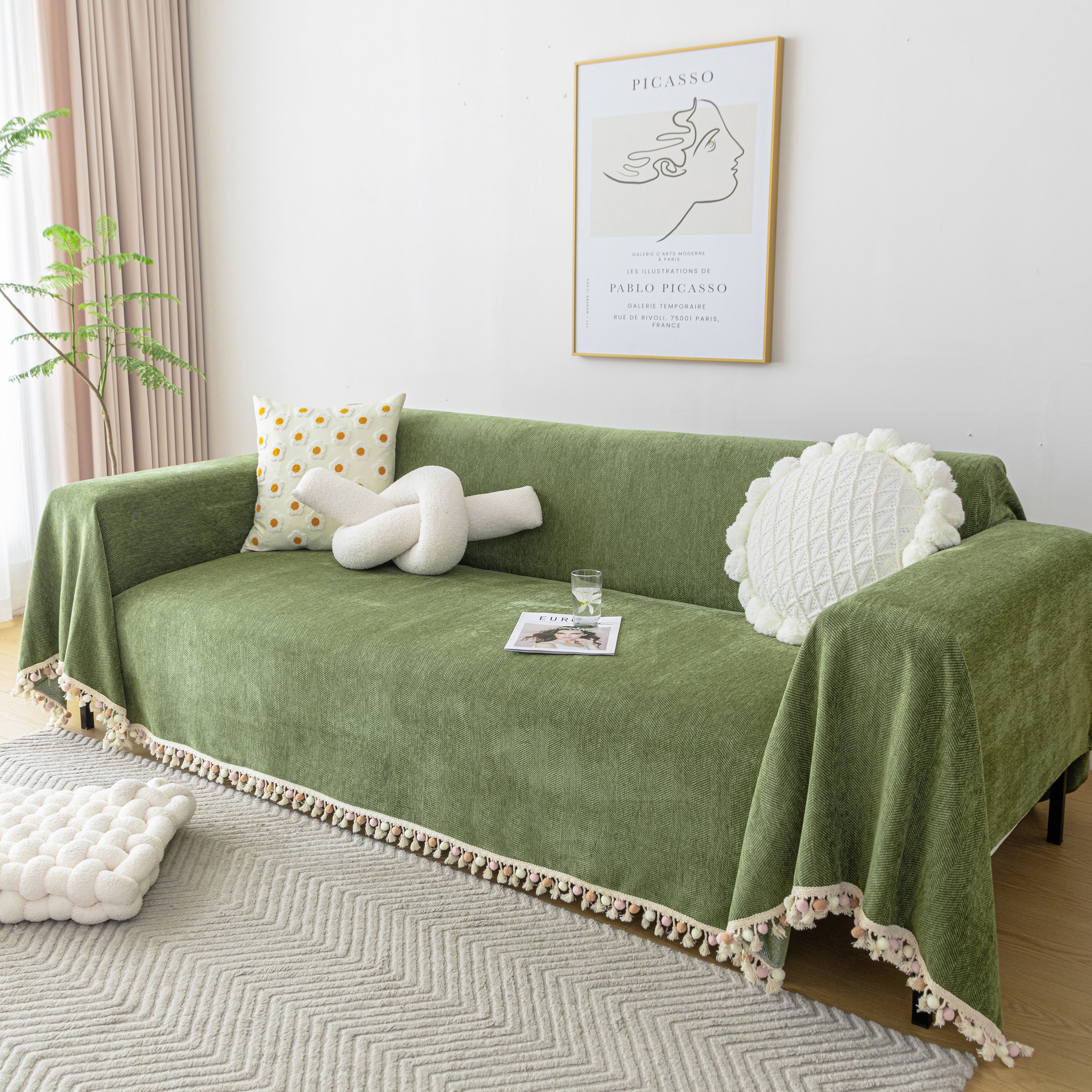 Couch Cover Sectional L Shape Chenille Herringbone Couch Throw Cover with Tassel Pom-Poms for Pets