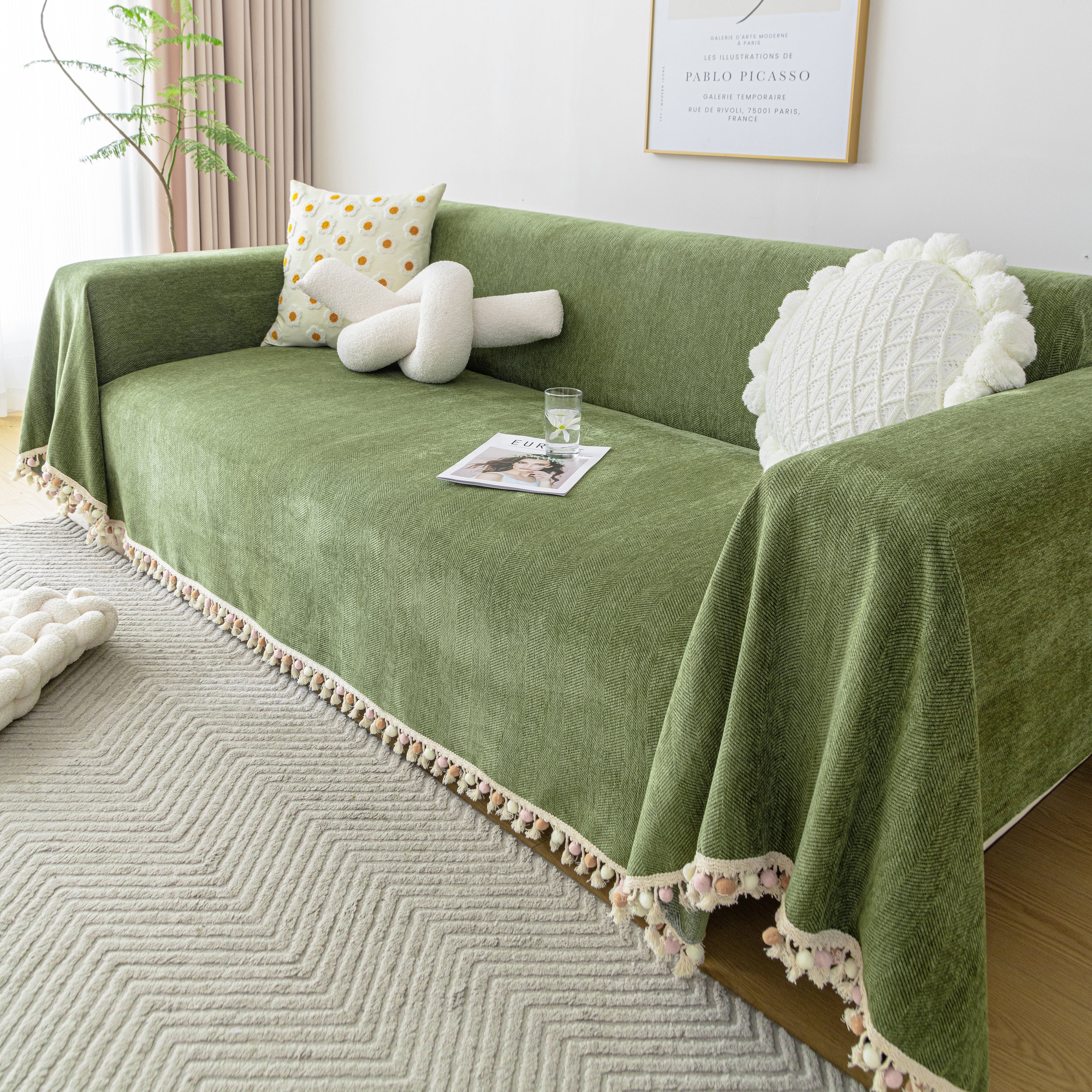 Couch Cover Sectional L Shape Chenille Herringbone Couch Throw Cover with Tassel Pom-Poms for Pets