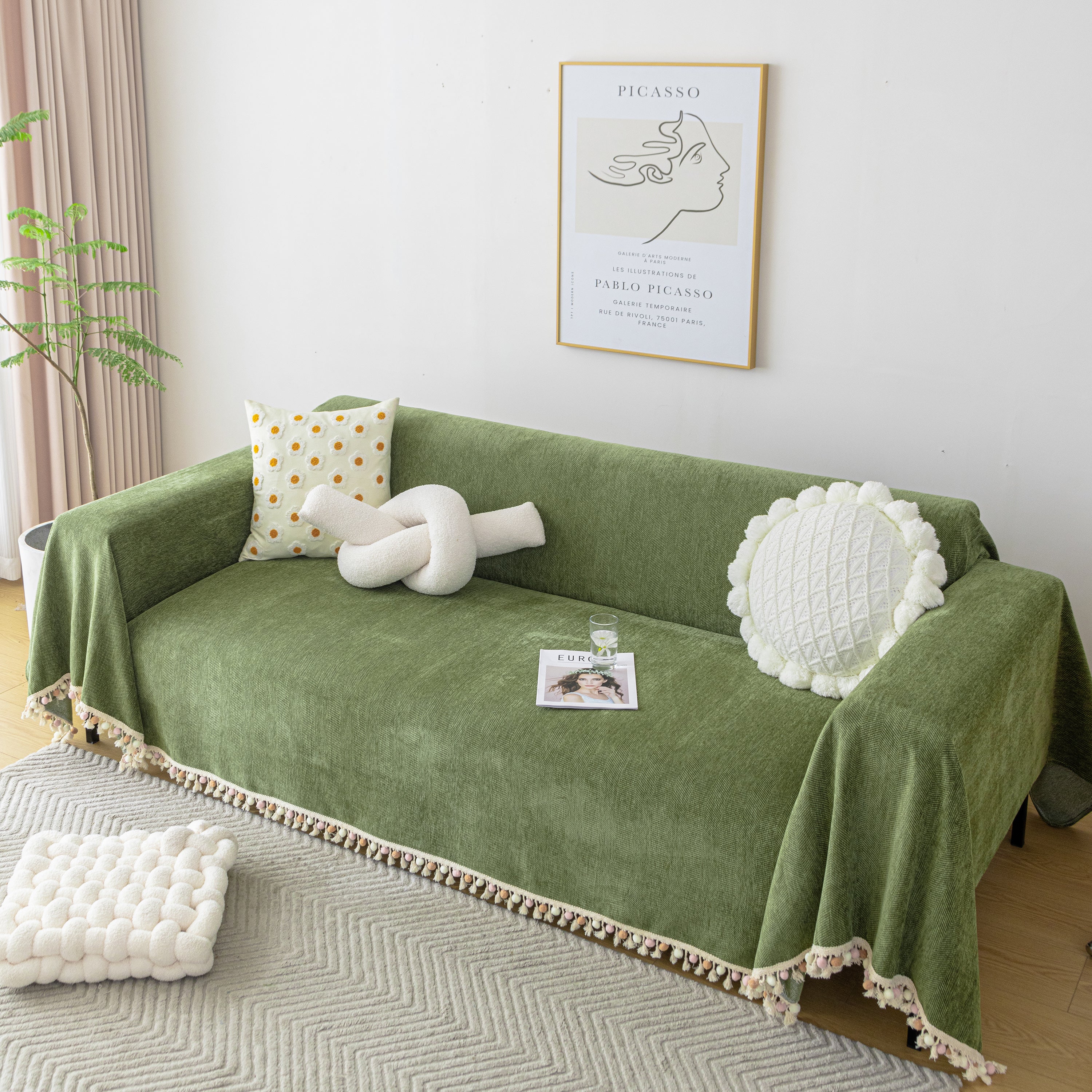 Couch Cover Sectional L Shape Chenille Herringbone Couch Throw Cover with Tassel Pom-Poms for Pets