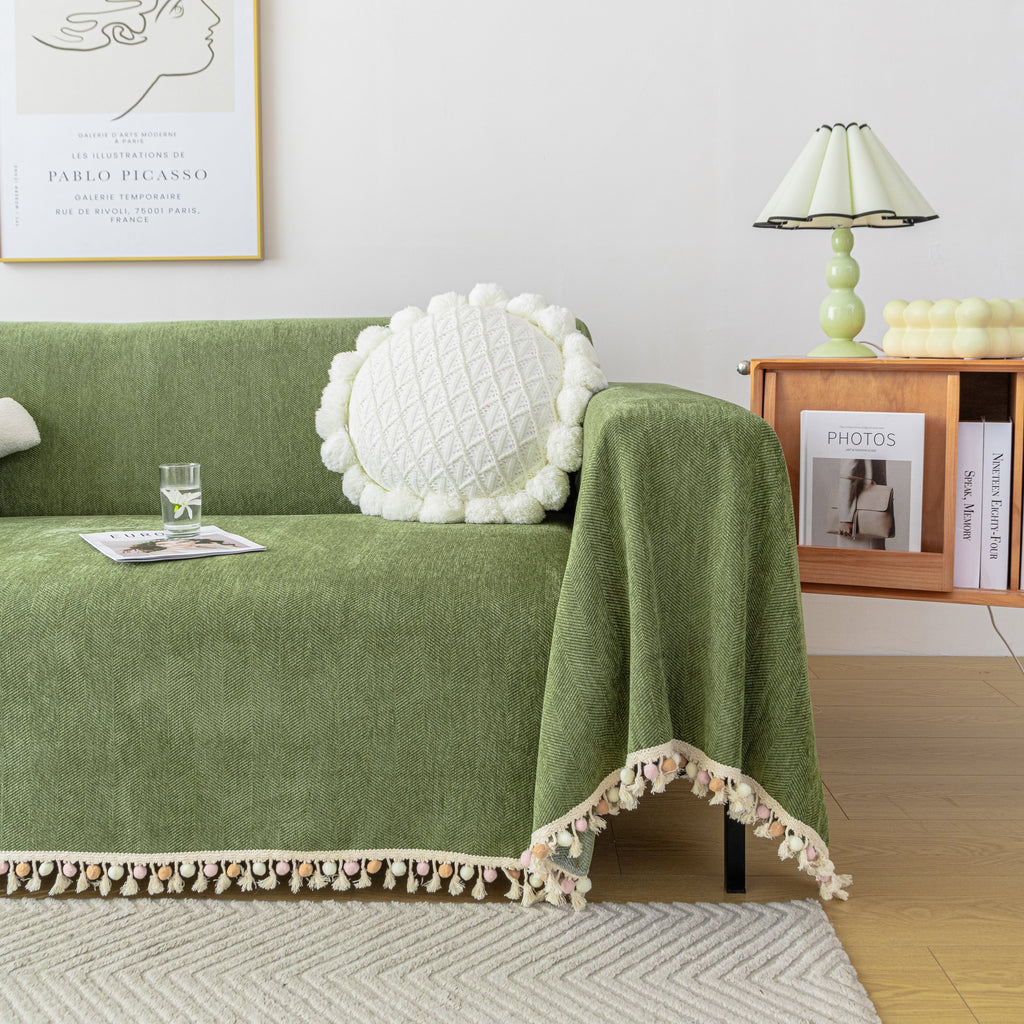 Couch Cover Sectional L Shape Chenille Herringbone Couch Throw Cover with Tassel Pom-Poms for Pets