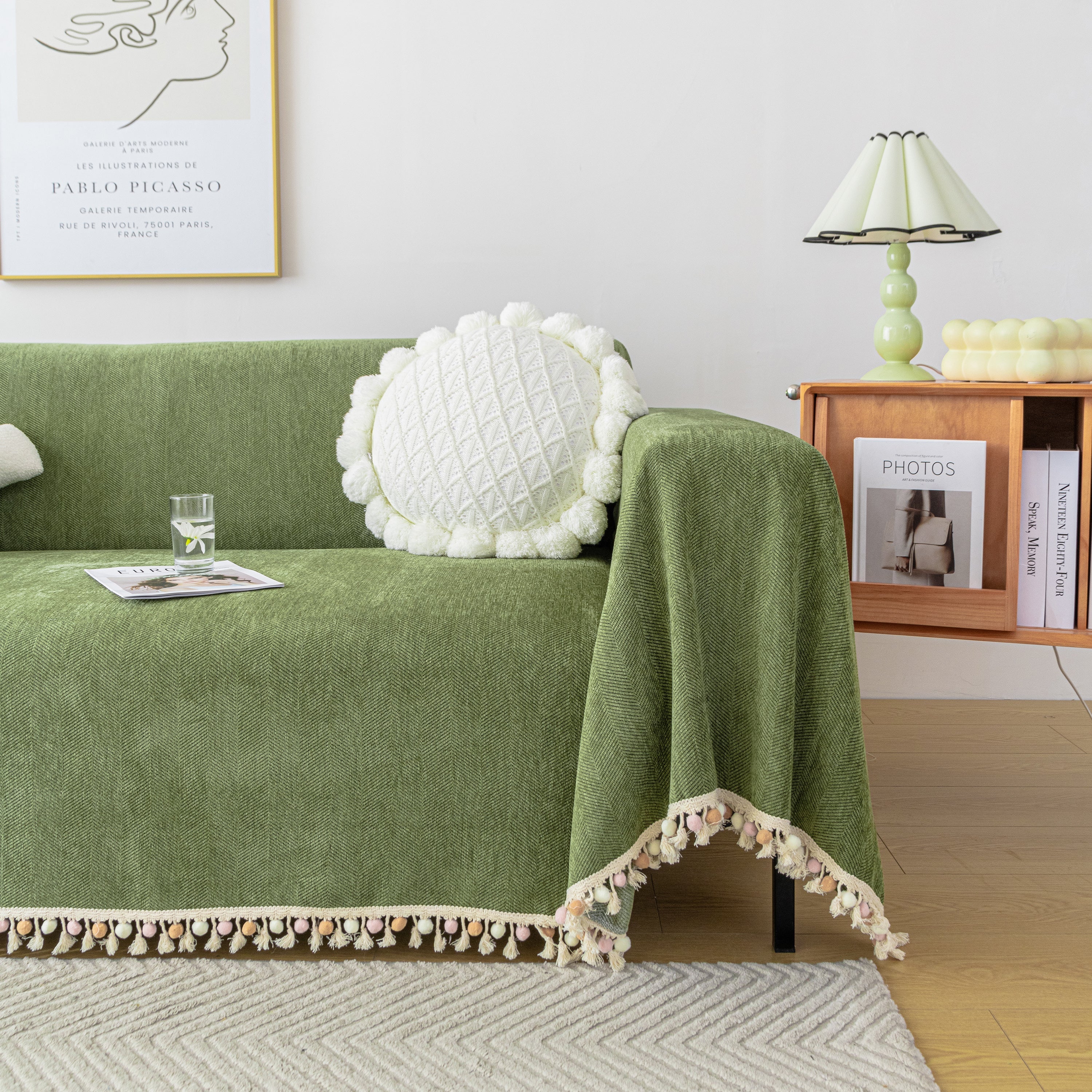 Couch Cover Sectional L Shape Chenille Herringbone Couch Throw Cover with Tassel Pom-Poms for Pets