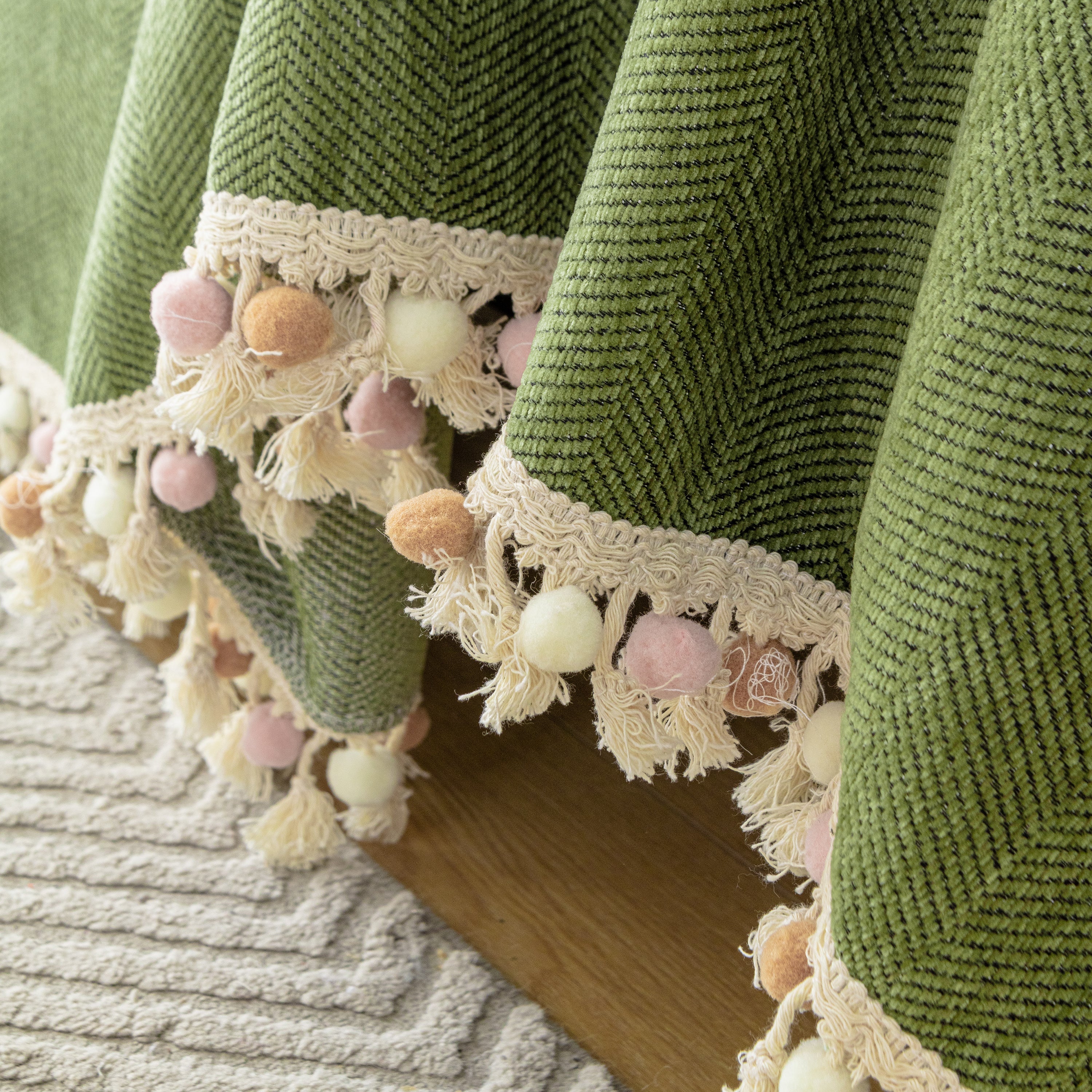 Couch Cover Sectional L Shape Chenille Herringbone Couch Throw Cover with Tassel Pom-Poms for Pets