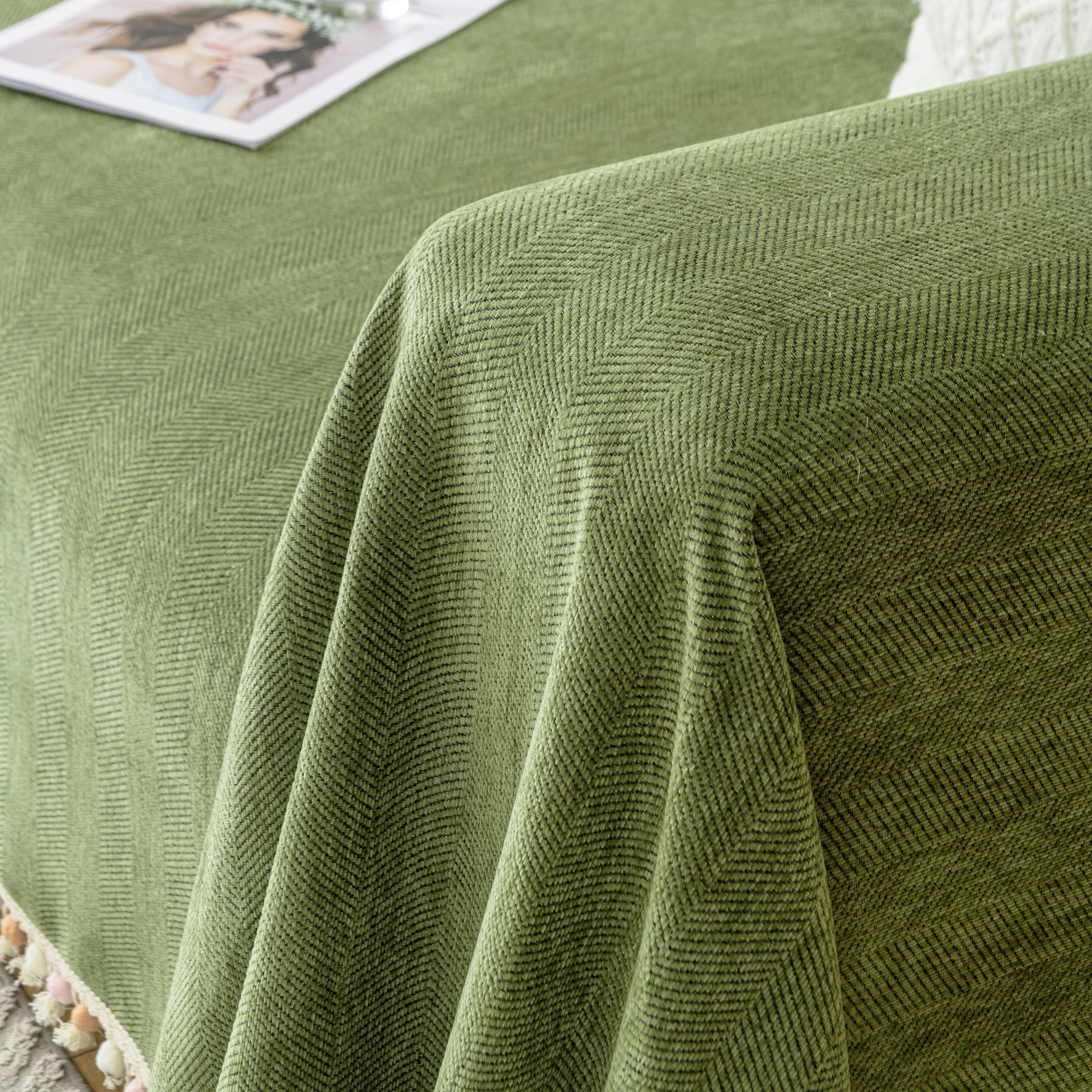 Couch Cover Sectional L Shape Chenille Herringbone Couch Throw Cover with Tassel Pom-Poms for Pets