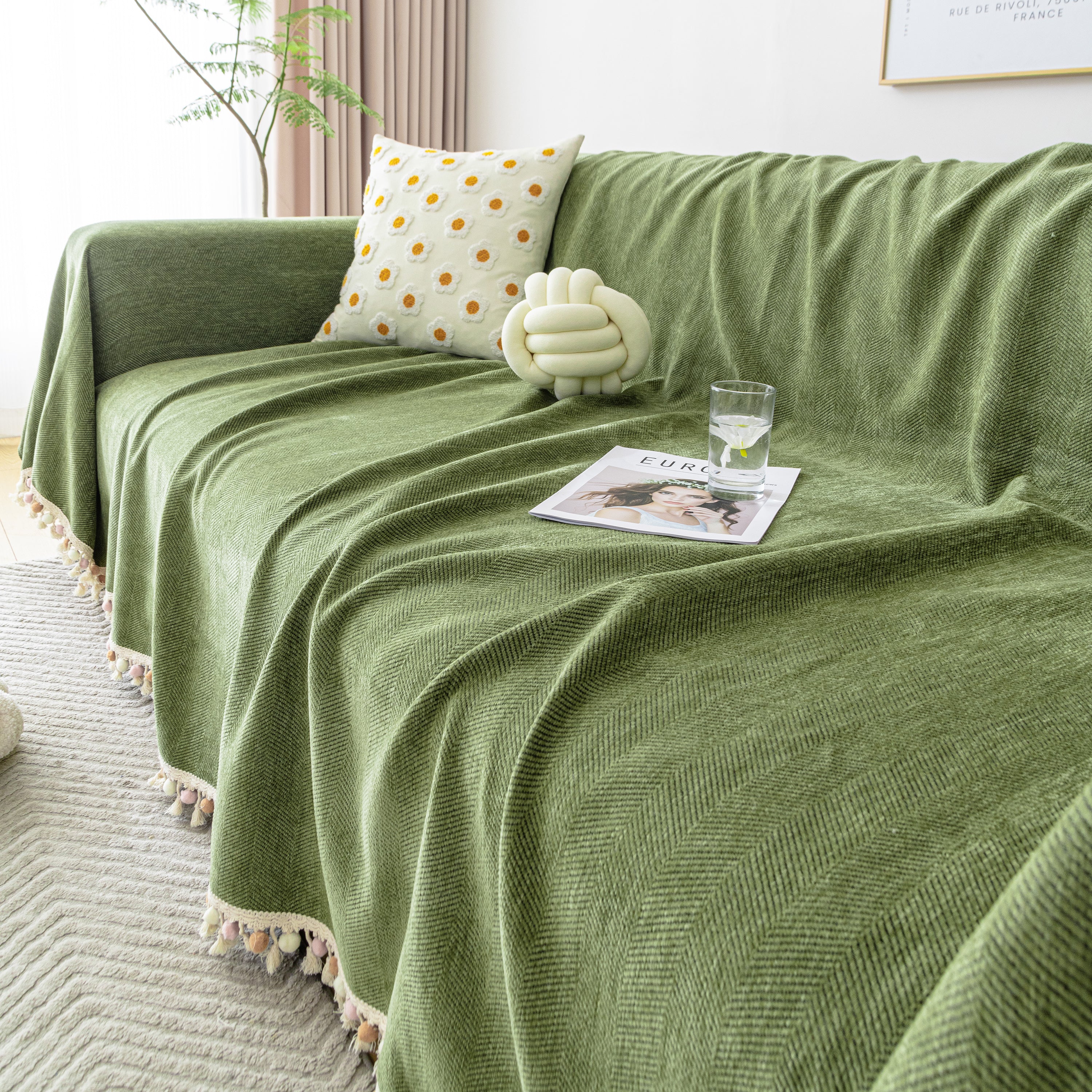 Couch Cover Sectional L Shape Chenille Herringbone Couch Throw Cover with Tassel Pom-Poms for Pets