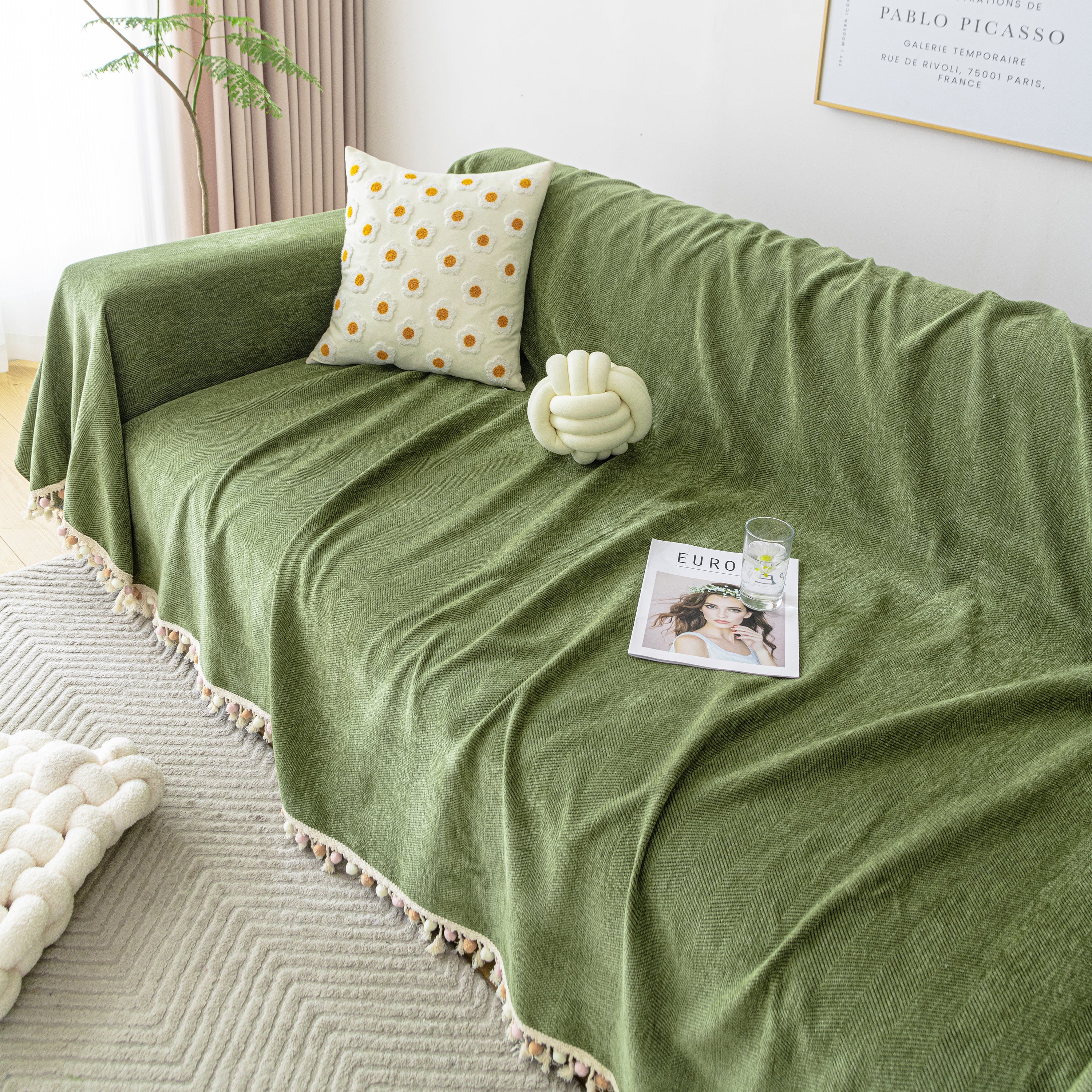 Couch Cover Sectional L Shape Chenille Herringbone Couch Throw Cover with Tassel Pom-Poms for Pets