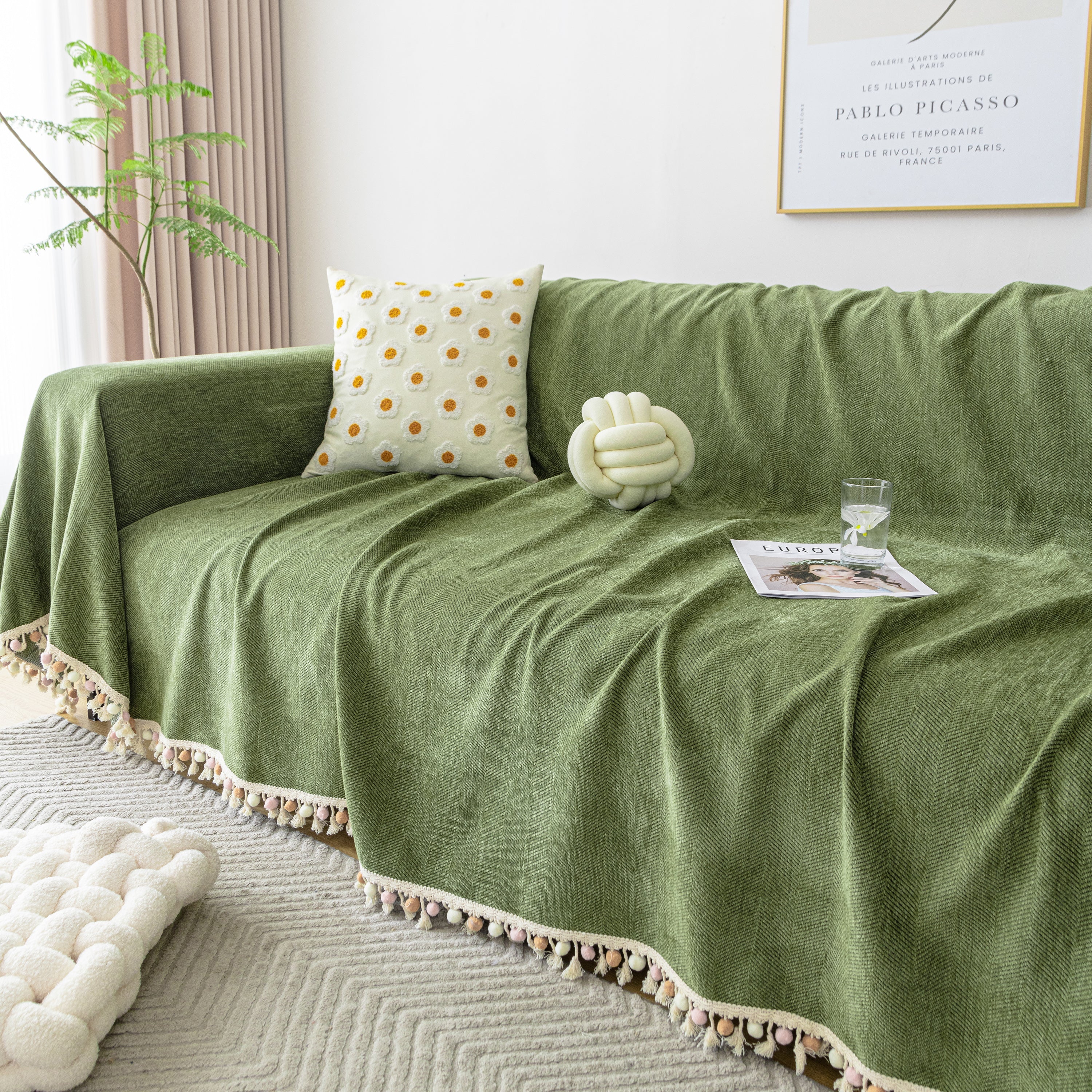 Couch Cover Sectional L Shape Chenille Herringbone Couch Throw Cover with Tassel Pom-Poms for Pets