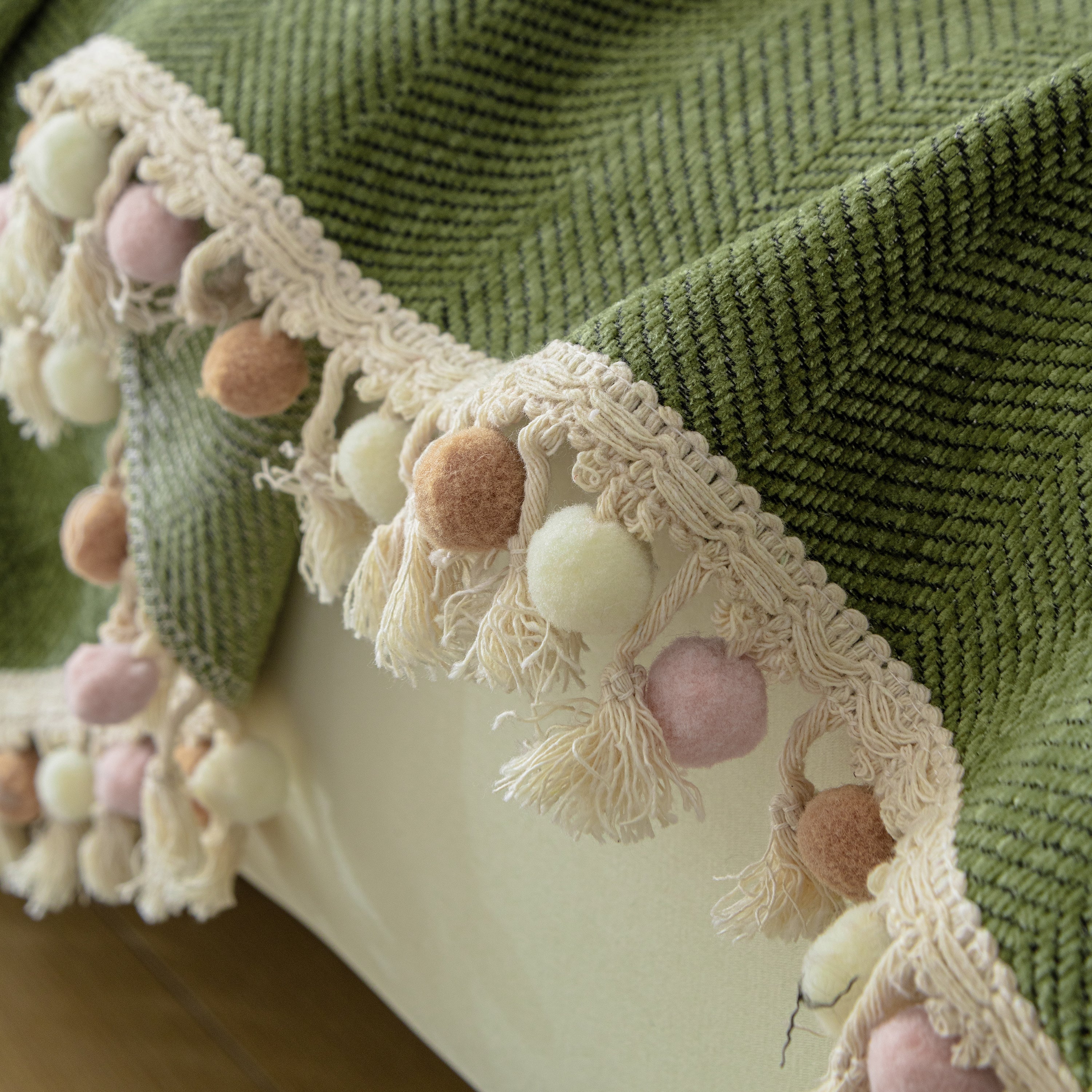 Couch Cover Sectional L Shape Chenille Herringbone Couch Throw Cover with Tassel Pom-Poms for Pets