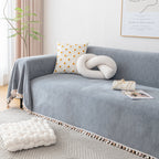 Couch Cover Sectional L Shape Chenille Herringbone Couch Throw Cover with Tassel Pom-Poms for Pets