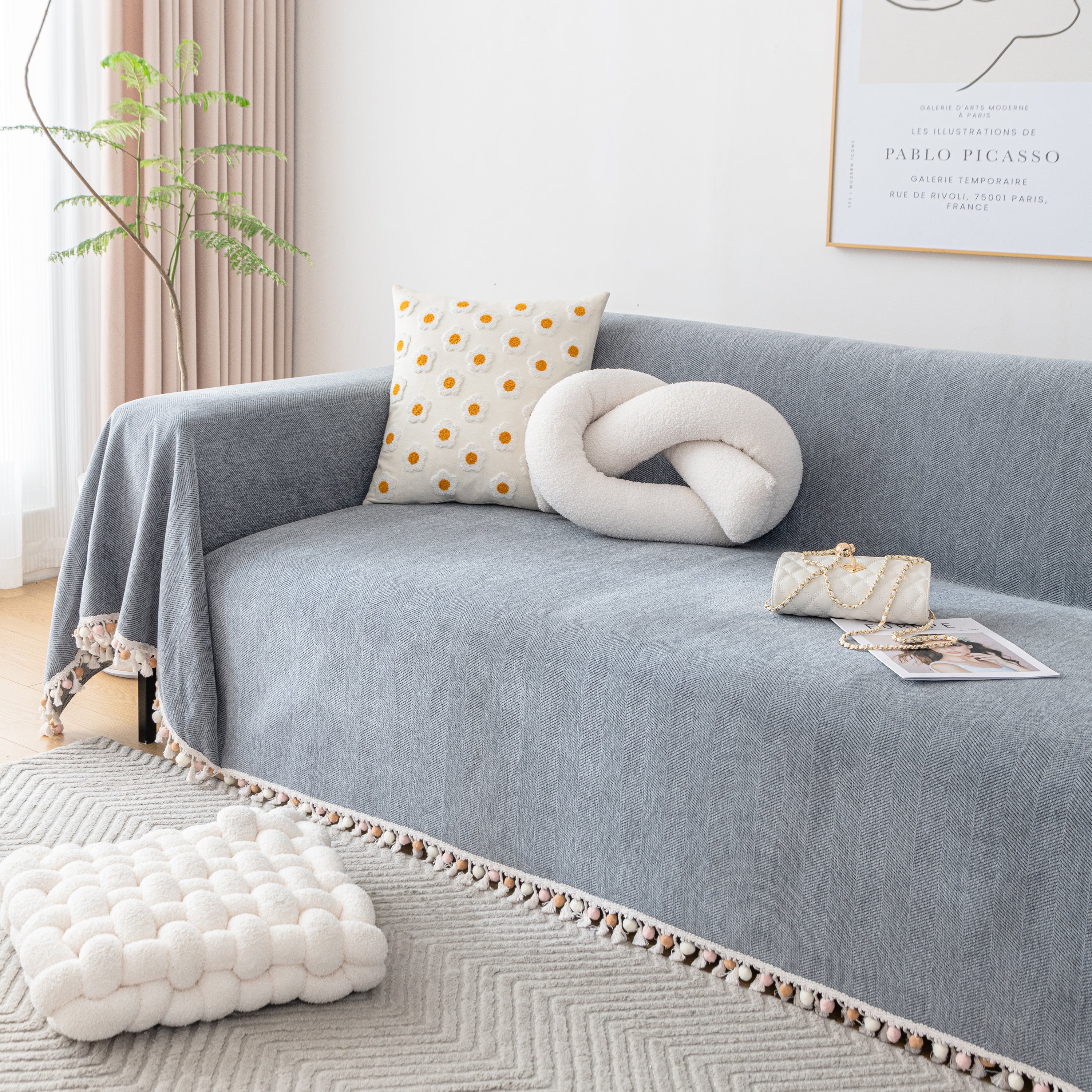 Couch Cover Sectional L Shape Chenille Herringbone Couch Throw Cover with Tassel Pom-Poms for Pets