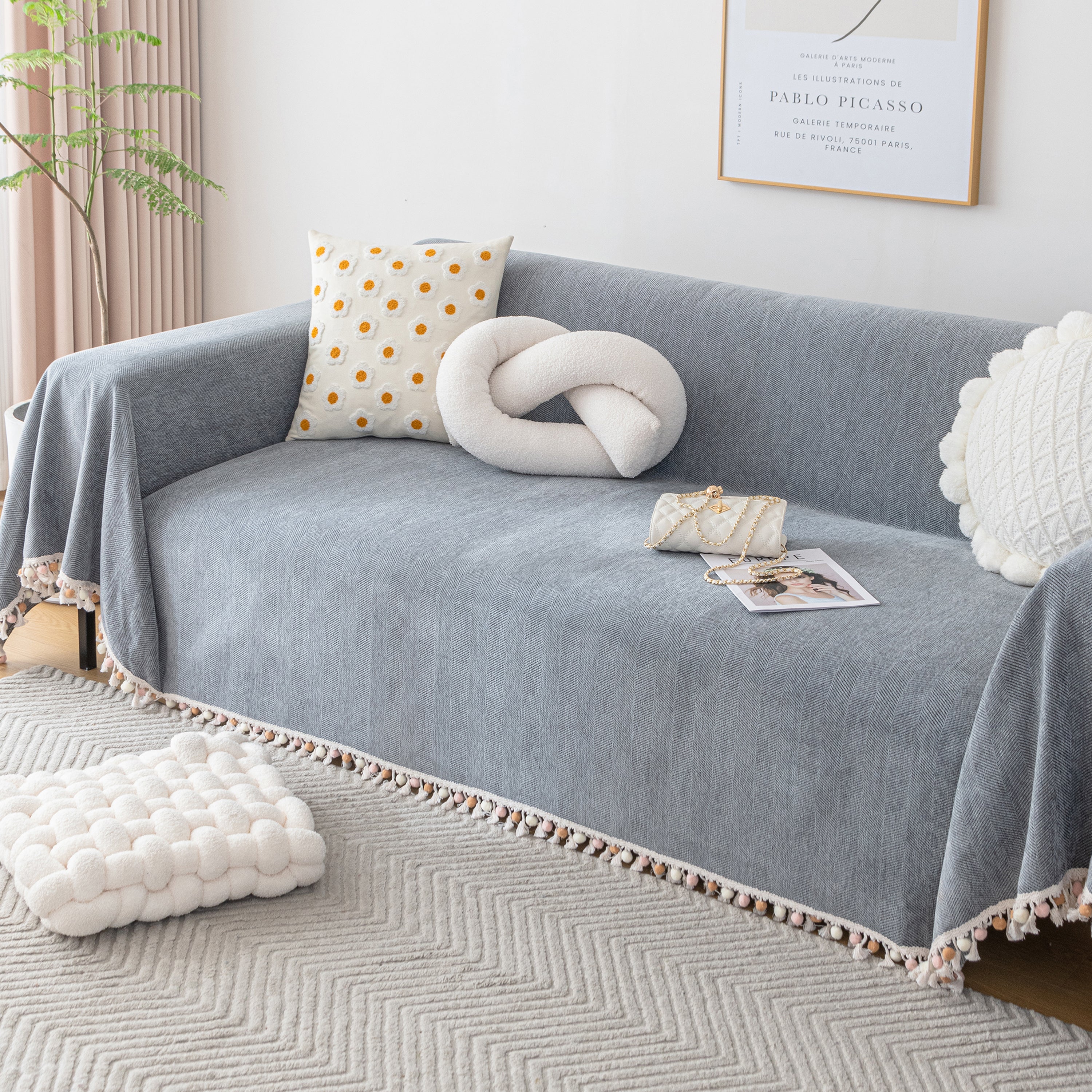 Couch Cover Sectional L Shape Chenille Herringbone Couch Throw Cover with Tassel Pom-Poms for Pets