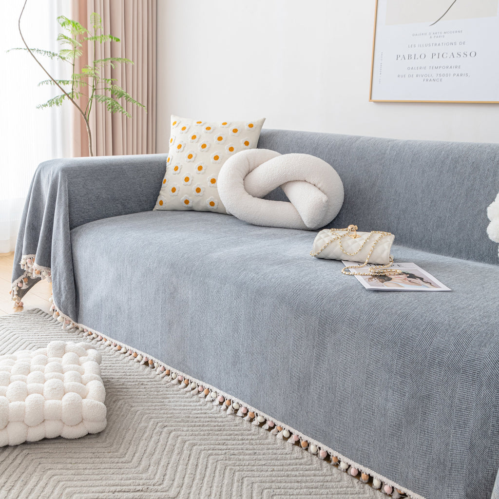 Couch Cover Sectional L Shape Chenille Herringbone Couch Throw Cover with Tassel Pom-Poms for Pets