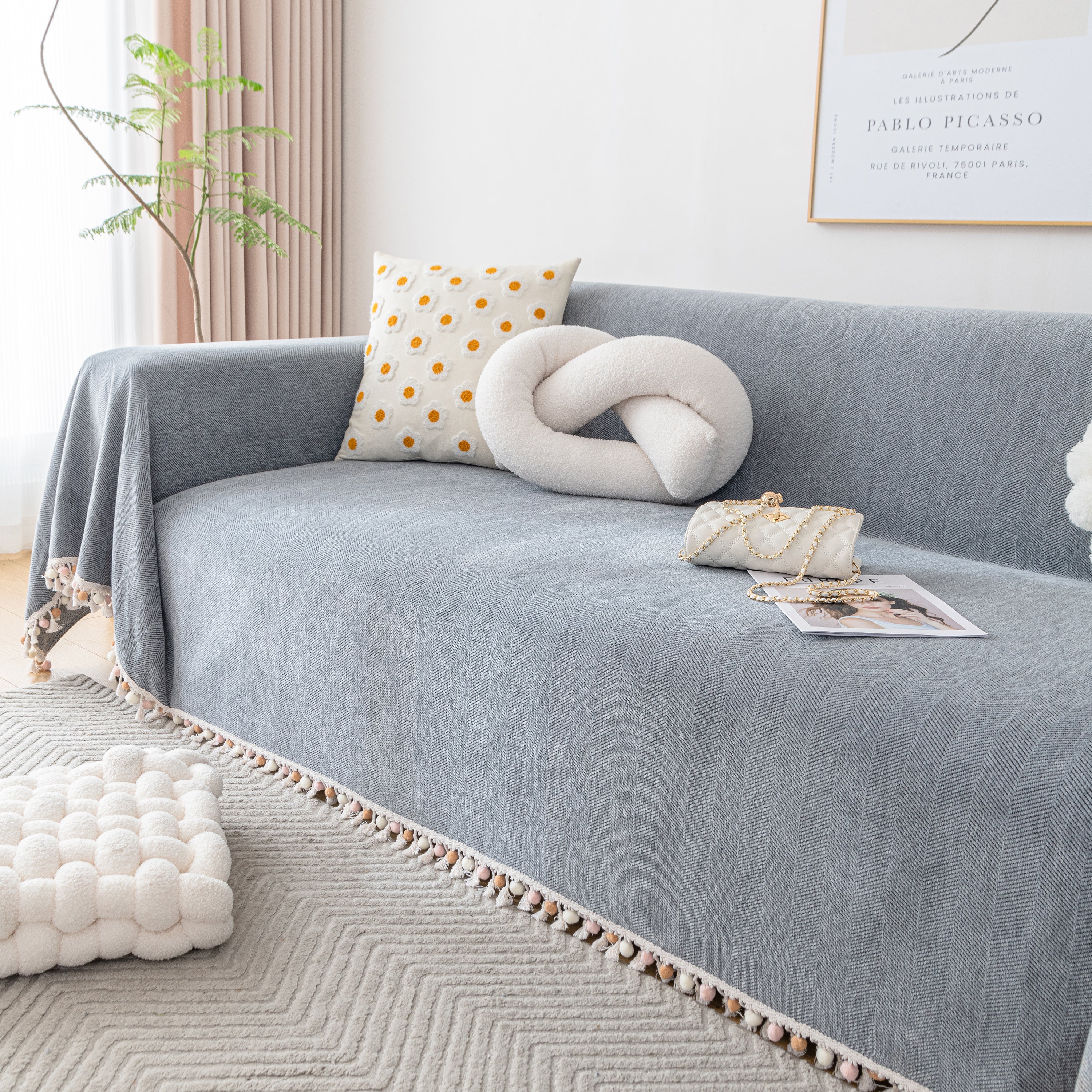 Couch Cover Sectional L Shape Chenille Herringbone Couch Throw Cover with Tassel Pom-Poms for Pets