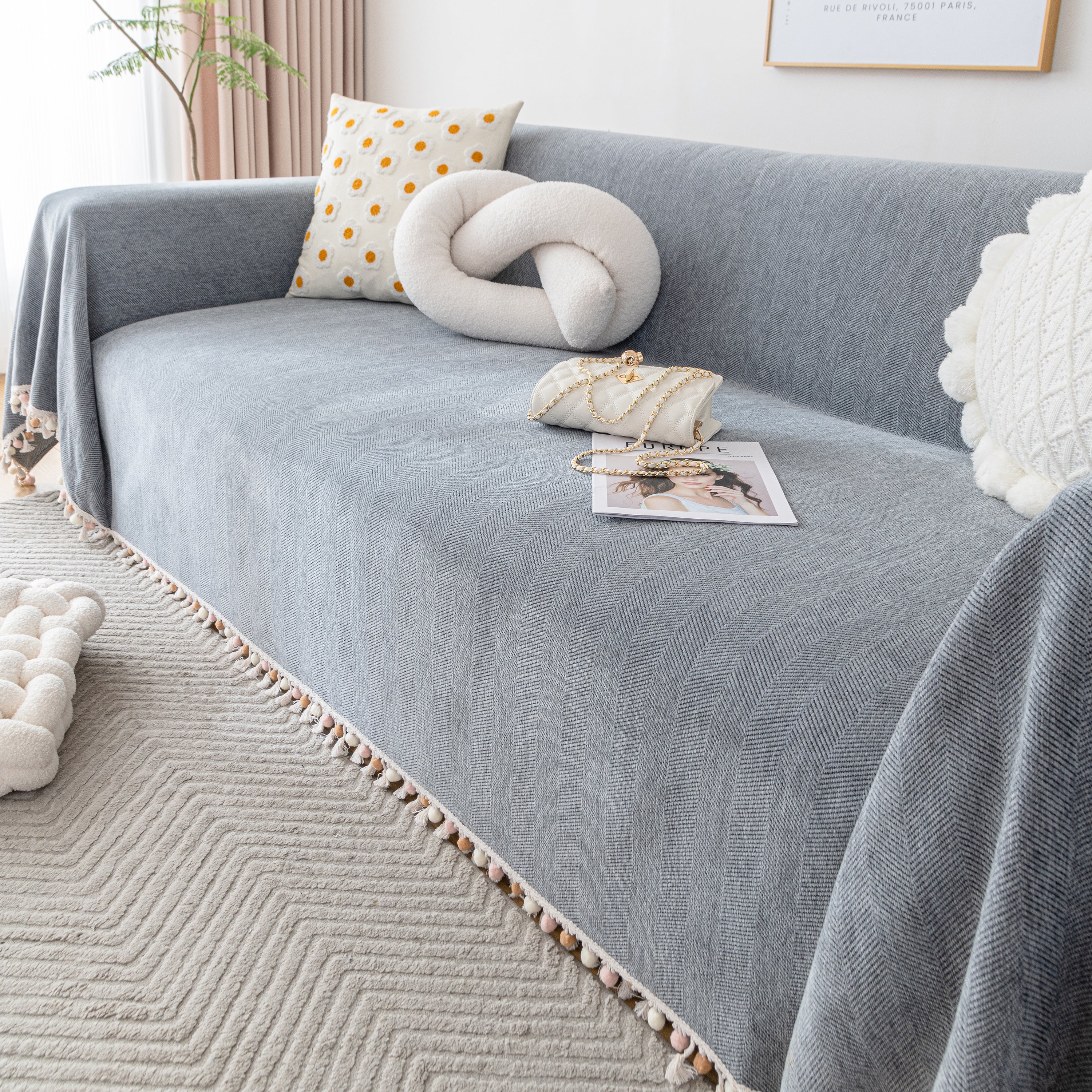 Couch Cover Sectional L Shape Chenille Herringbone Couch Throw Cover with Tassel Pom-Poms for Pets