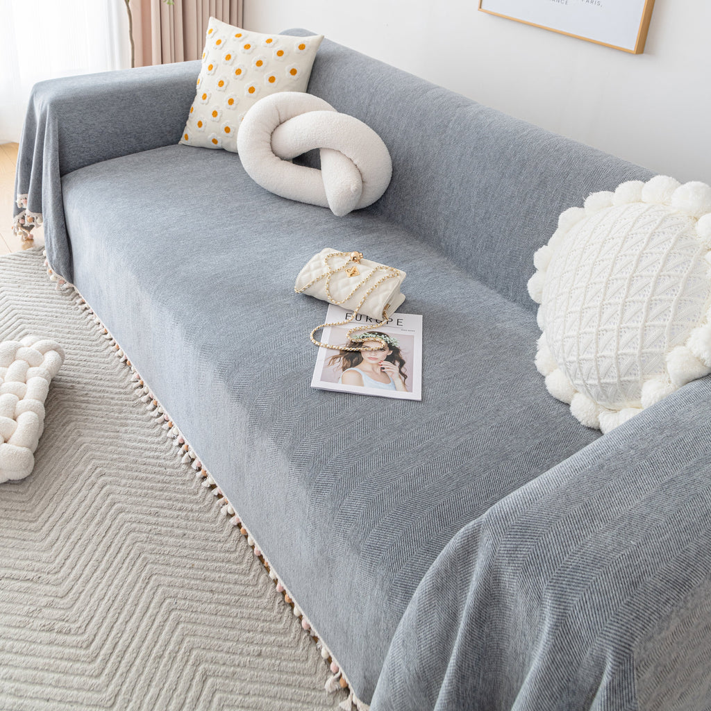 Couch Cover Sectional L Shape Chenille Herringbone Couch Throw Cover with Tassel Pom-Poms for Pets