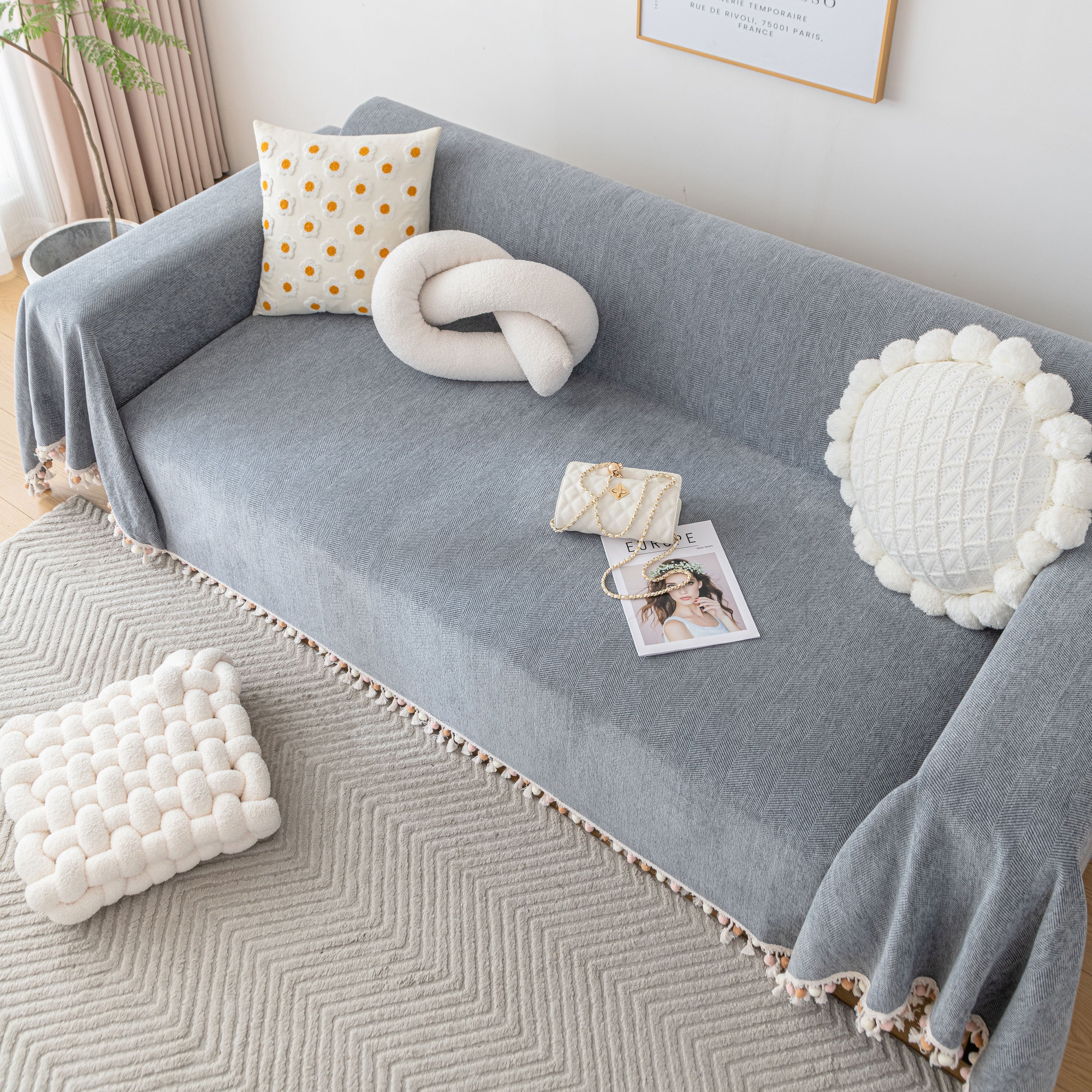 Boho Herringbone Sofa Throw Blanket with Pom Pom Tassels Stylish Furniture Slipcover