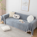 Couch Cover Sectional L Shape Chenille Herringbone Couch Throw Cover with Tassel Pom-Poms for Pets