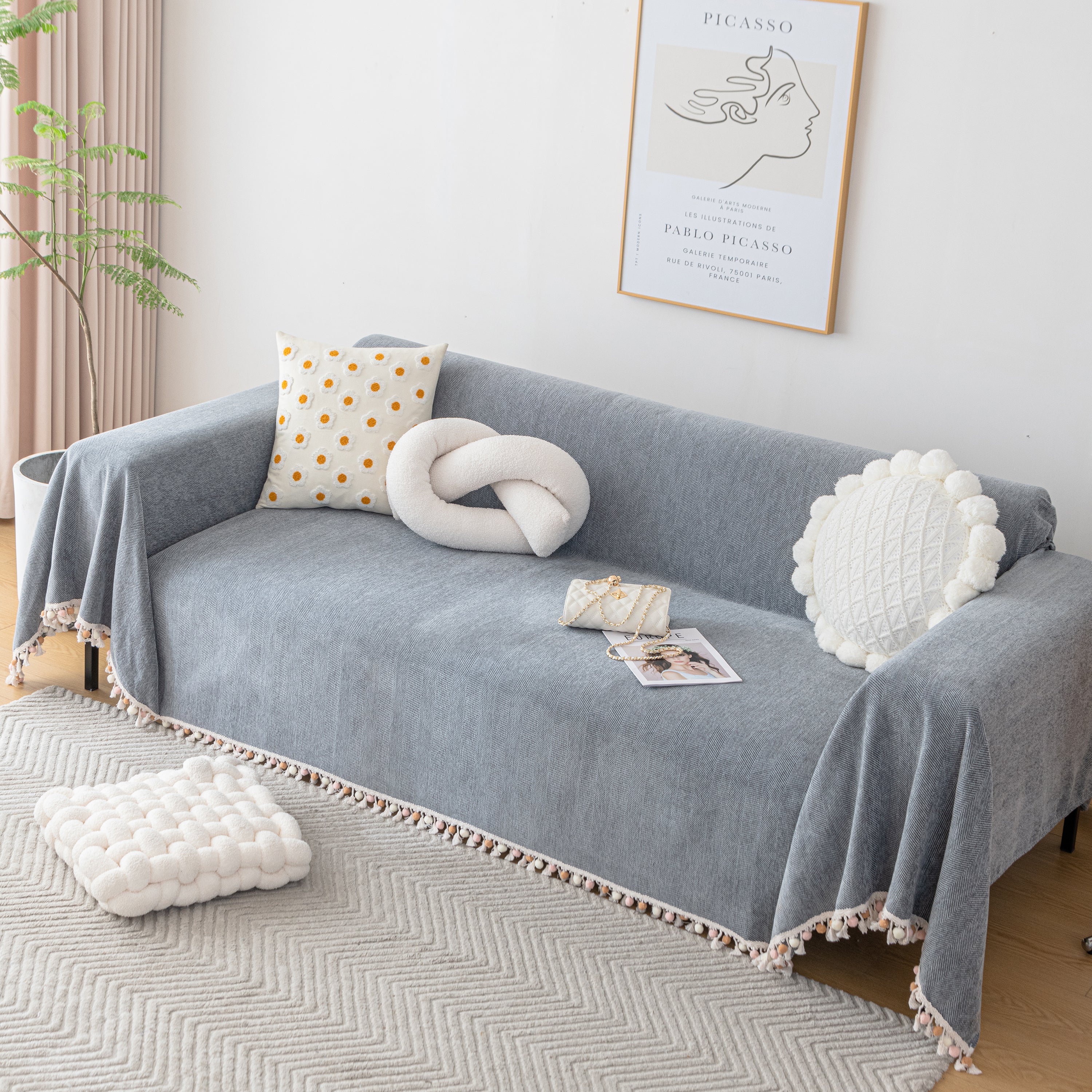 Couch Cover Sectional L Shape Chenille Herringbone Couch Throw Cover with Tassel Pom-Poms for Pets