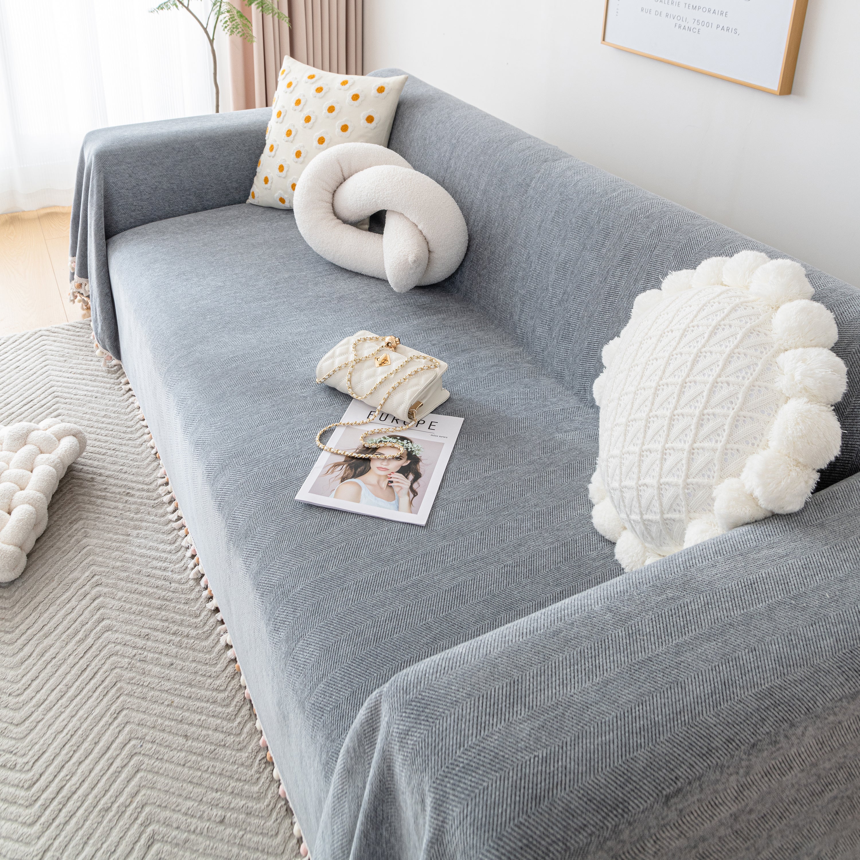 Couch Cover Sectional L Shape Chenille Herringbone Couch Throw Cover with Tassel Pom-Poms for Pets