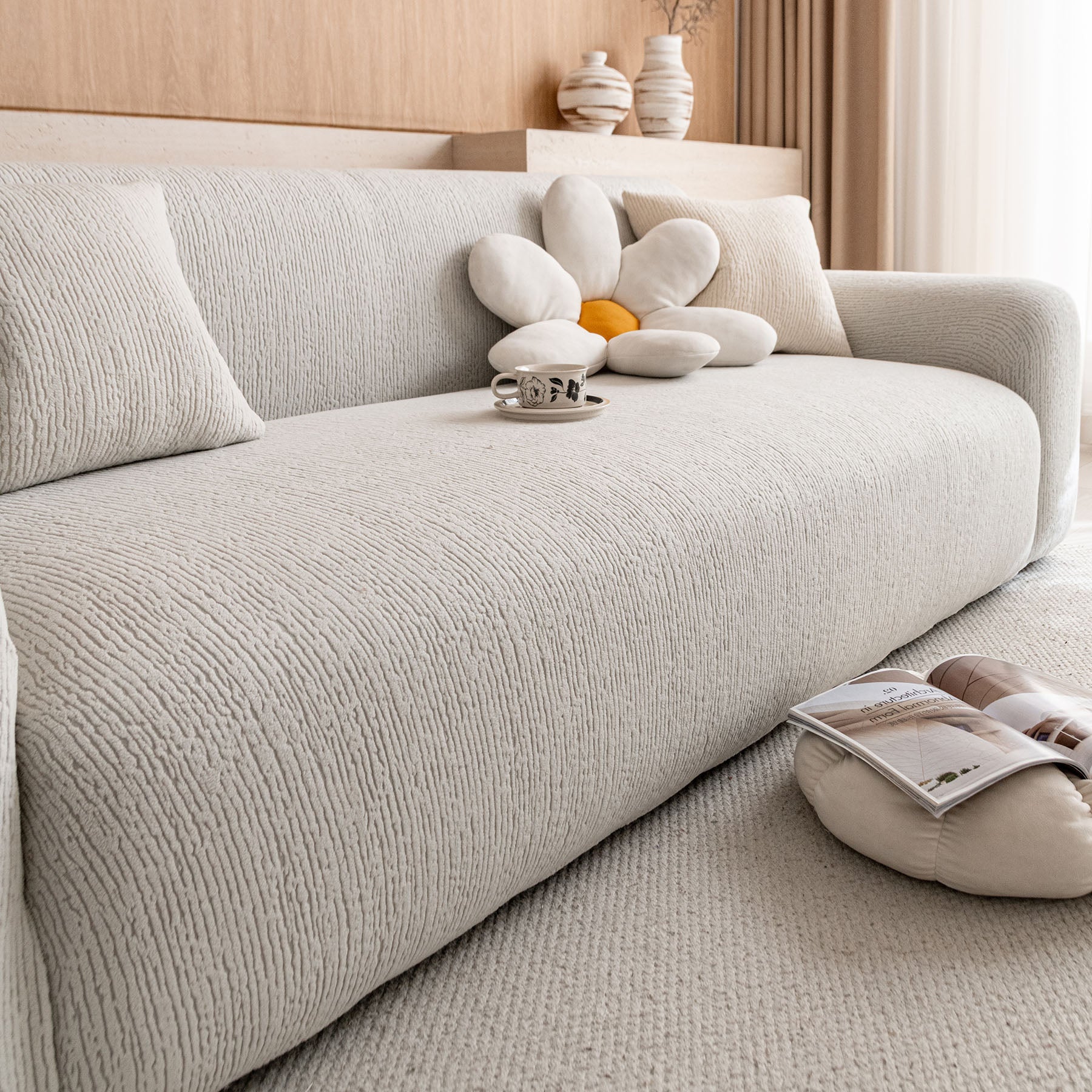 Stretch Textured Vertical Stripe Couch Slipcover, Soft Jacquard Elastic Sofa Cover