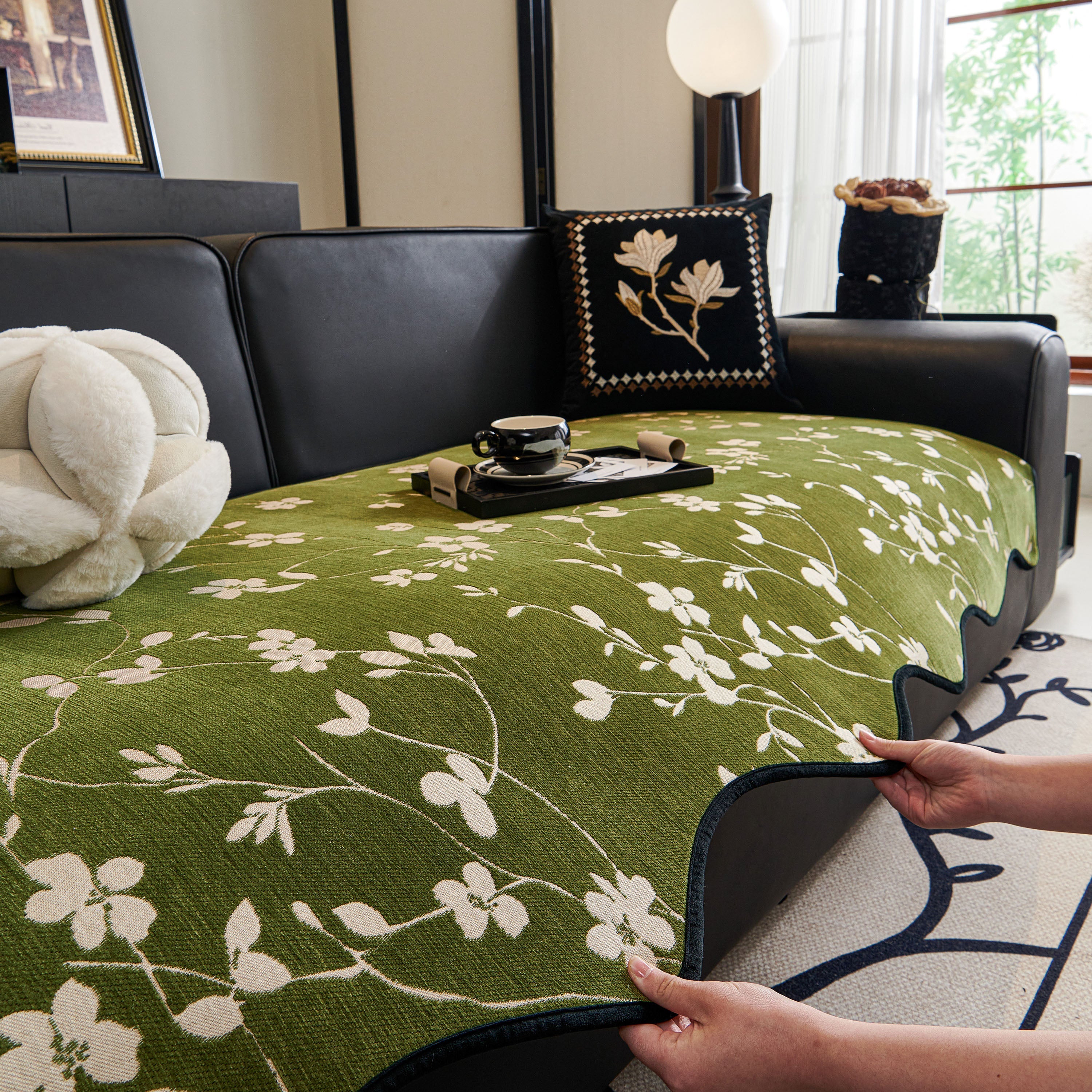 Floral Chenille Couch Cover, Non-Slip Sofa Slipcover Protector for Furniture