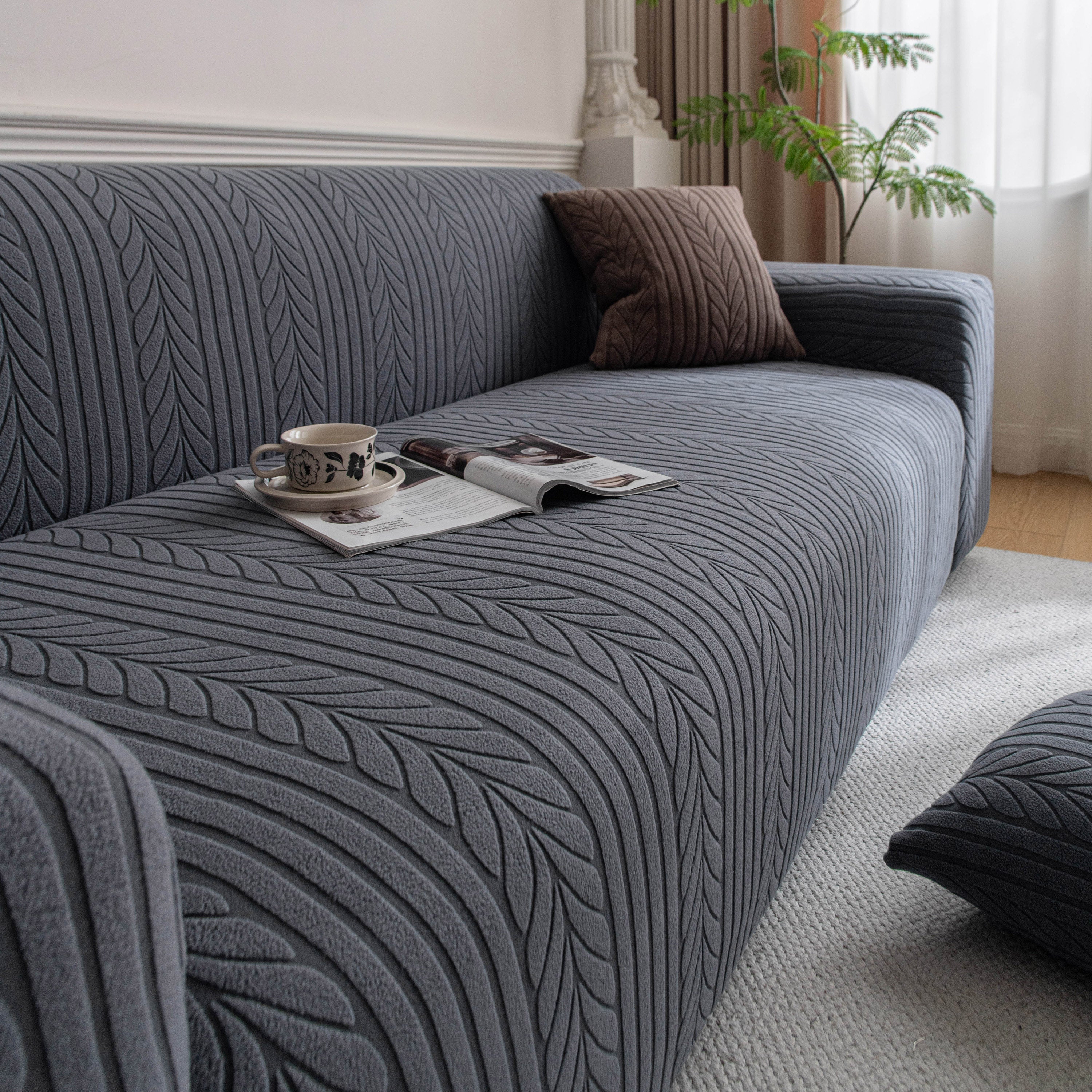 Plush Fleece Sofa Slipcover with 3D Wheat Pattern, Cozy High-Stretch Couch Cover