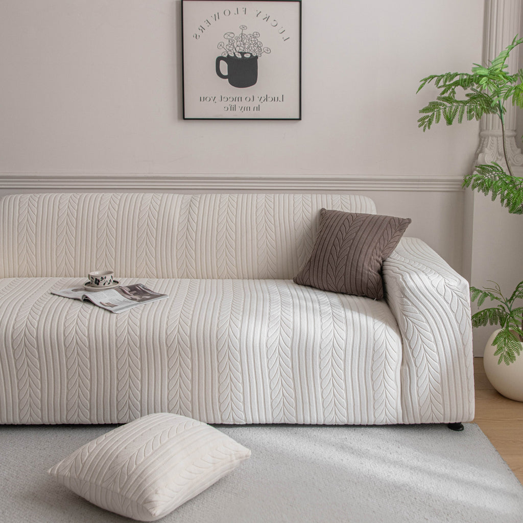 Plush Fleece Sofa Slipcover with 3D Wheat Pattern, Cozy High-Stretch Couch Cover