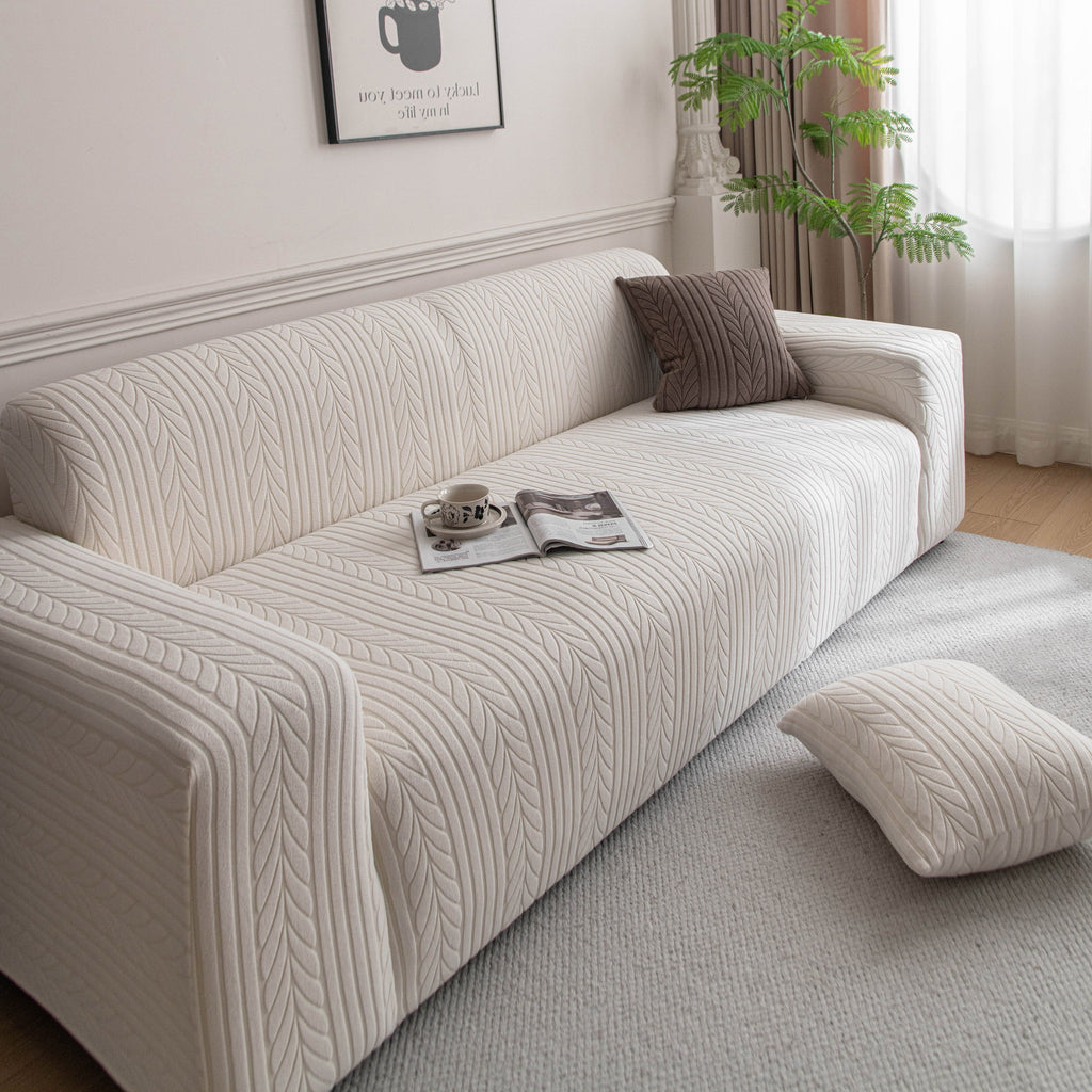 Plush Fleece Sofa Slipcover with 3D Wheat Pattern, Cozy High-Stretch Couch Cover