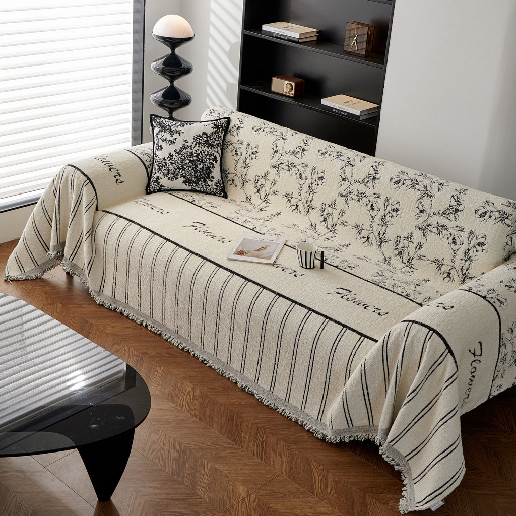 Chenille Striped Floral Couch Cover Sofa Slipcover for Most Shape Sofas, Reversible Sofa Throw Cover