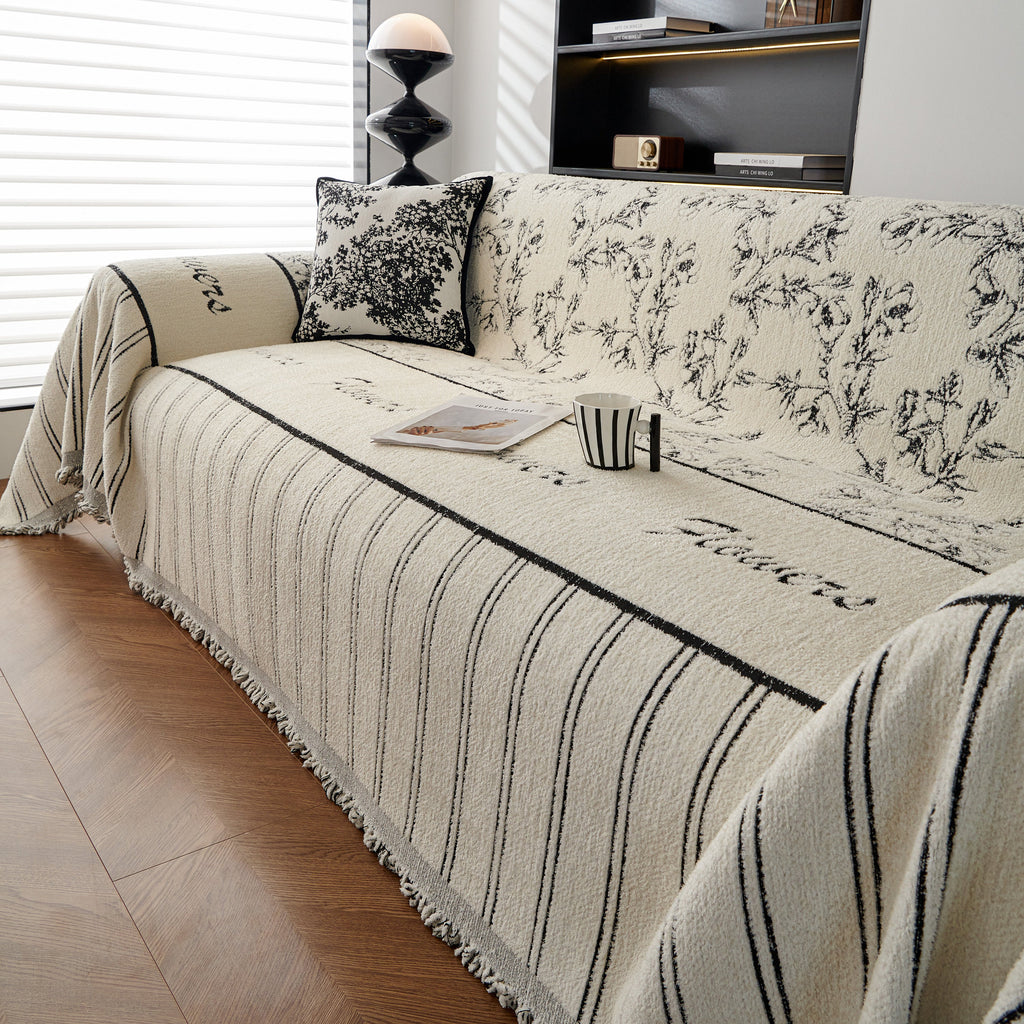 Chenille Striped Floral Couch Cover Sofa Slipcover for Most Shape Sofas, Reversible Sofa Throw Cover