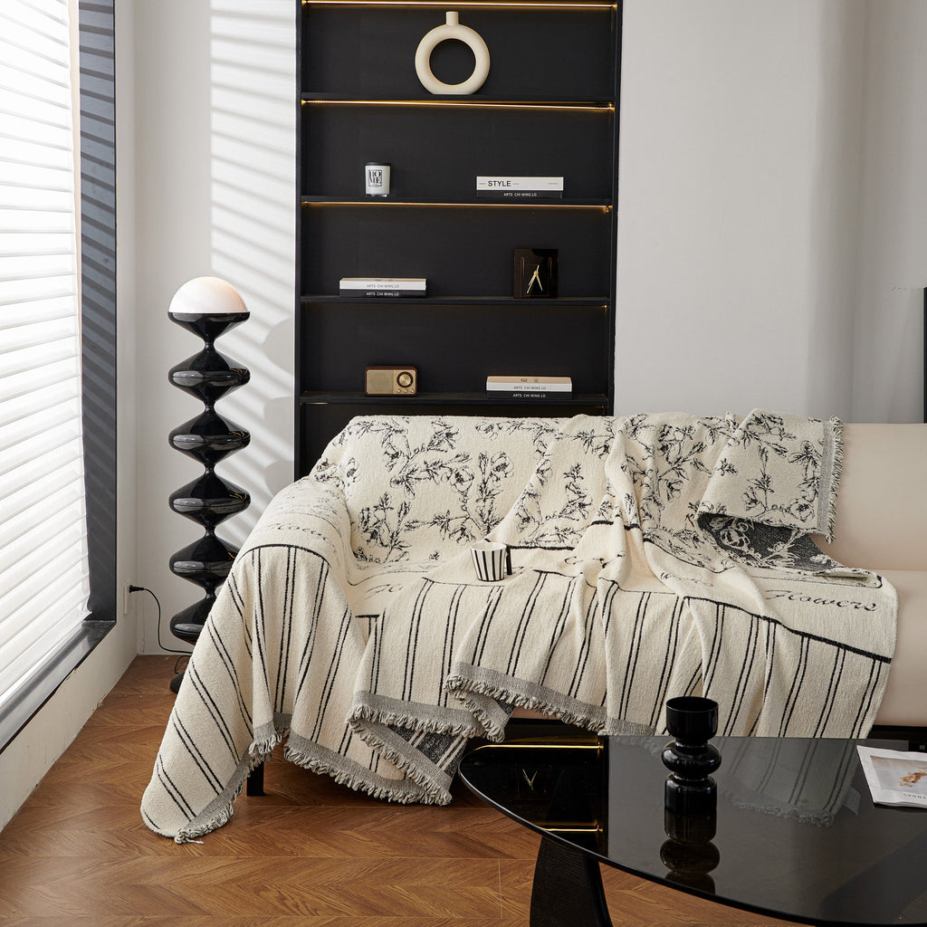 Chenille Striped Floral Couch Cover Sofa Slipcover for Most Shape Sofas, Reversible Sofa Throw Cover