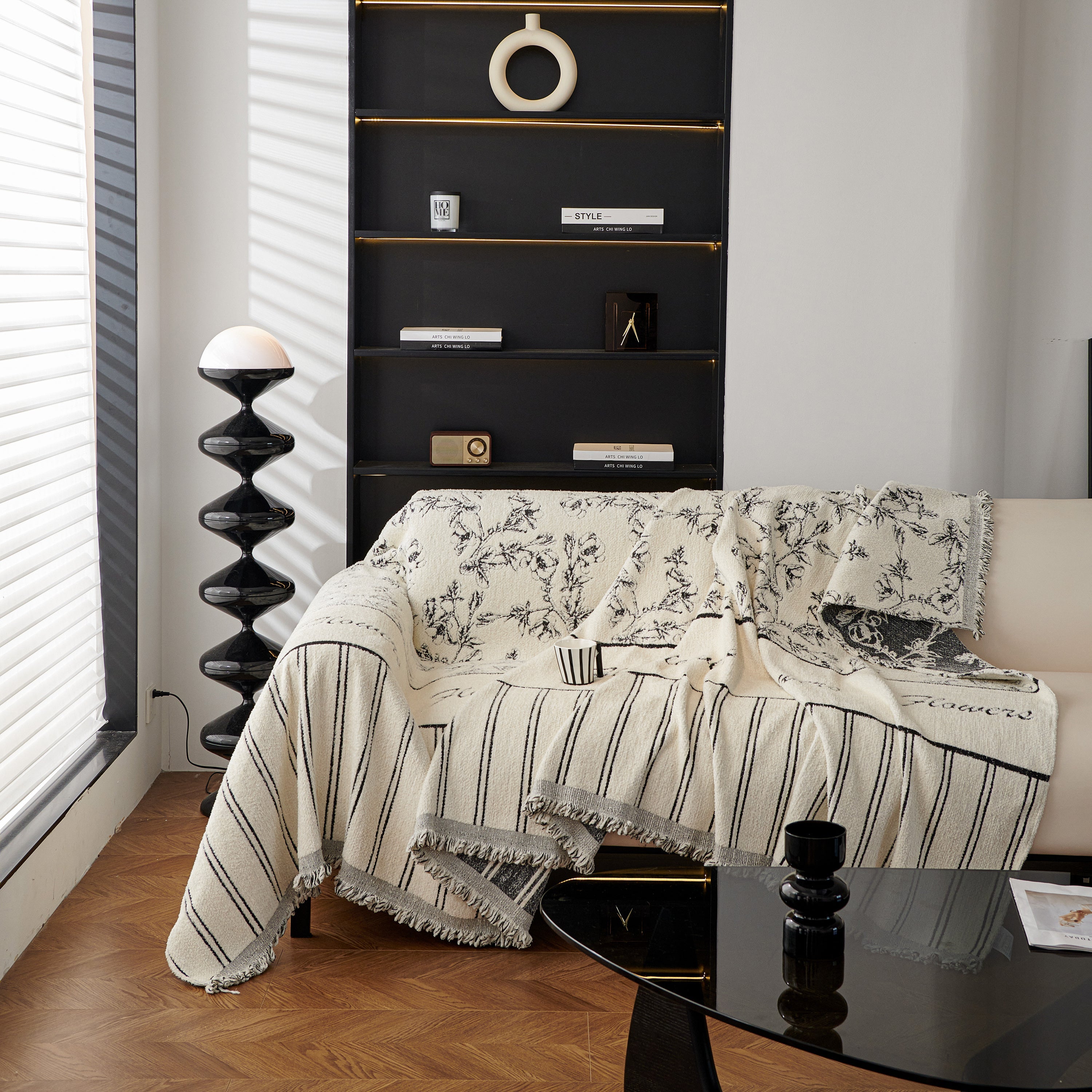 Chenille Striped Floral Couch Cover Sofa Slipcover for Most Shape Sofas, Reversible Sofa Throw Cover