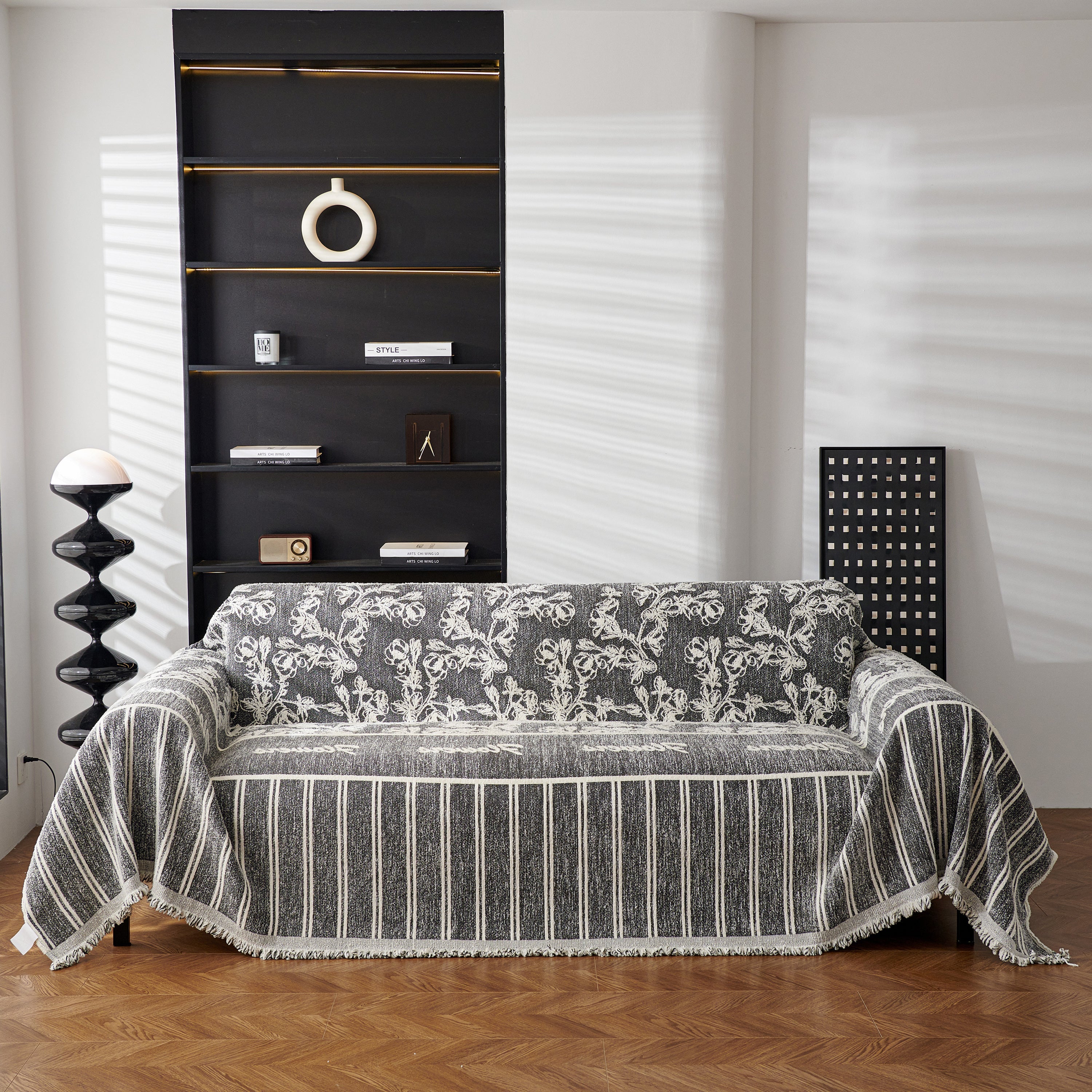 Chenille Striped Floral Couch Cover Sofa Slipcover for Most Shape Sofas, Reversible Sofa Throw Cover