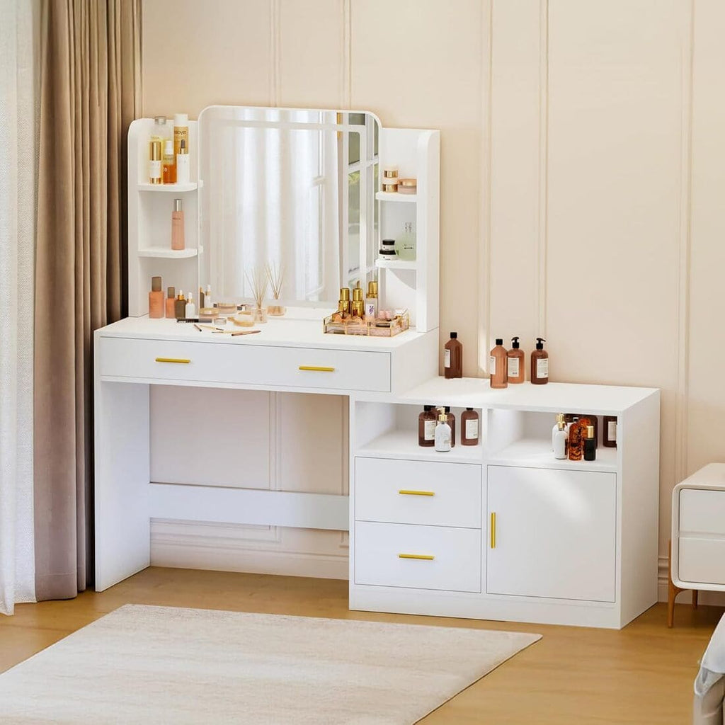 Pamapic 62" Vanity Desk with 4 drawers, 8 open shelves & 1 side cabinet