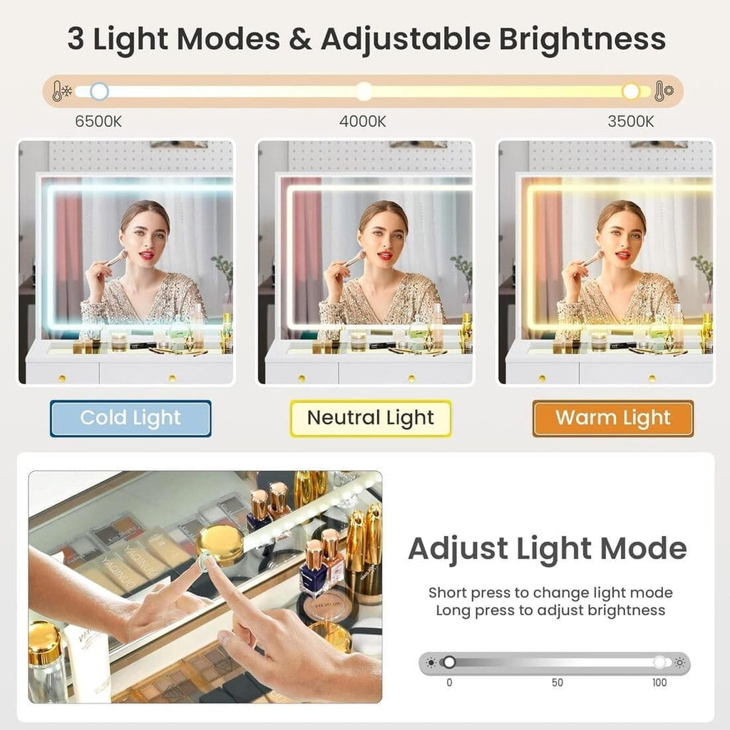 Pamapic Tempered Glass Top Vanity Desk with Lighted Mirror, 2 Transparent Cabinets & 3 Drawers