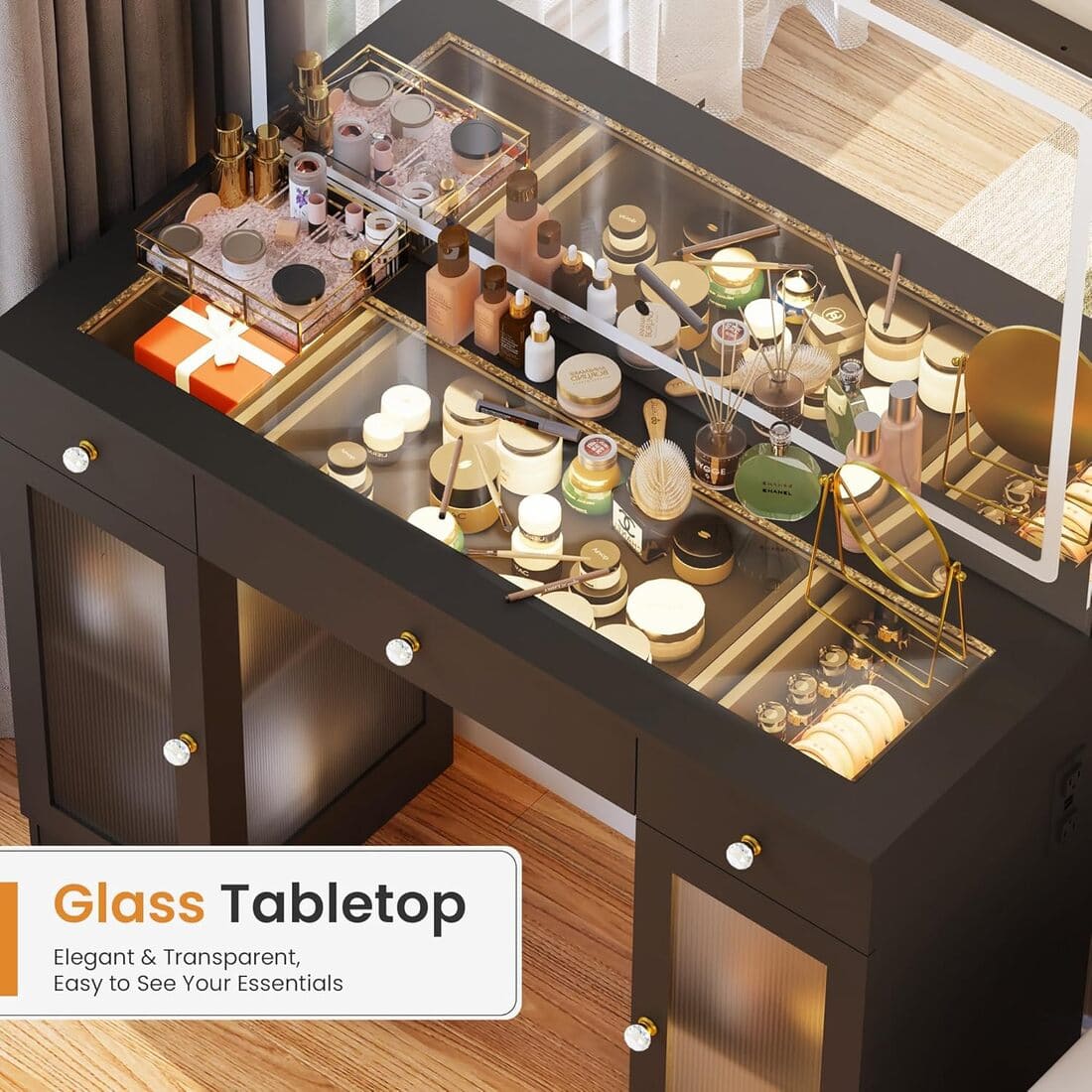 Pamapic Tempered Glass Top Vanity Desk with Lighted Mirror, 2 Transparent Cabinets & 3 Drawers