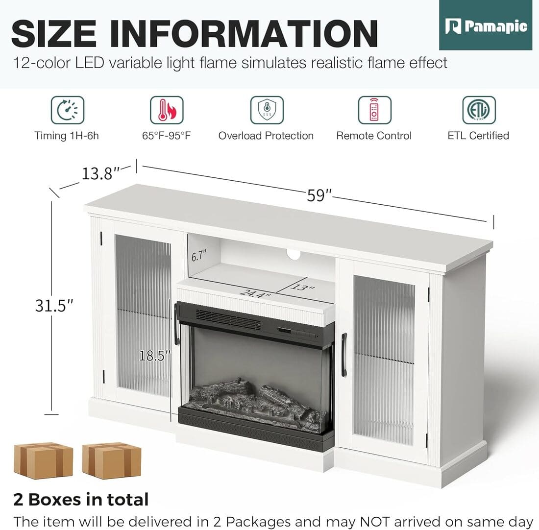 Pamapic 3-Sided Electric Fireplace TV Stand, Farmhouse Entertainment Center with 36" LED Fireplace & Glass Doors for Living Room