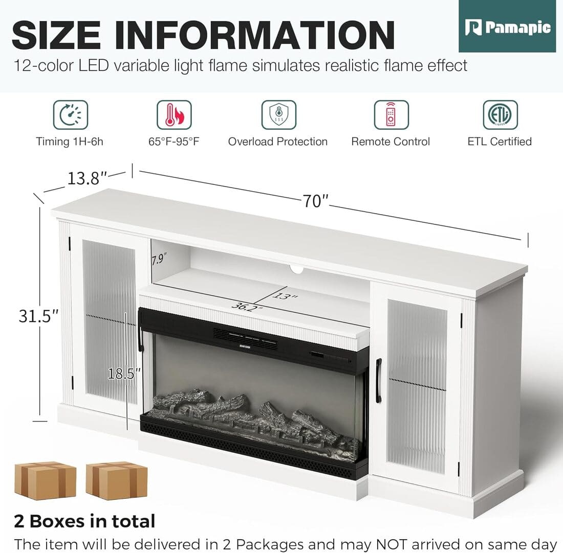 Pamapic 3-Sided Electric Fireplace TV Stand, Farmhouse Entertainment Center with 36" LED Fireplace & Glass Doors for Living Room