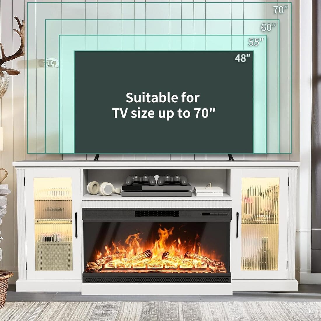 Pamapic 3-Sided Electric Fireplace TV Stand, Farmhouse Entertainment Center with 36" LED Fireplace & Glass Doors for Living Room
