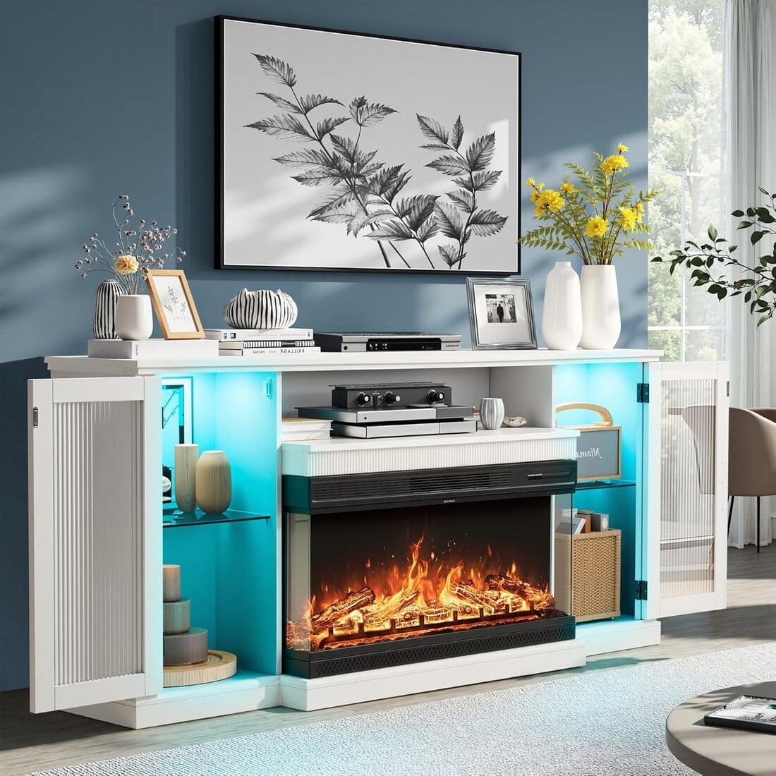 Pamapic 3-Sided Electric Fireplace TV Stand, Farmhouse Entertainment Center with 36" LED Fireplace & Glass Doors for Living Room