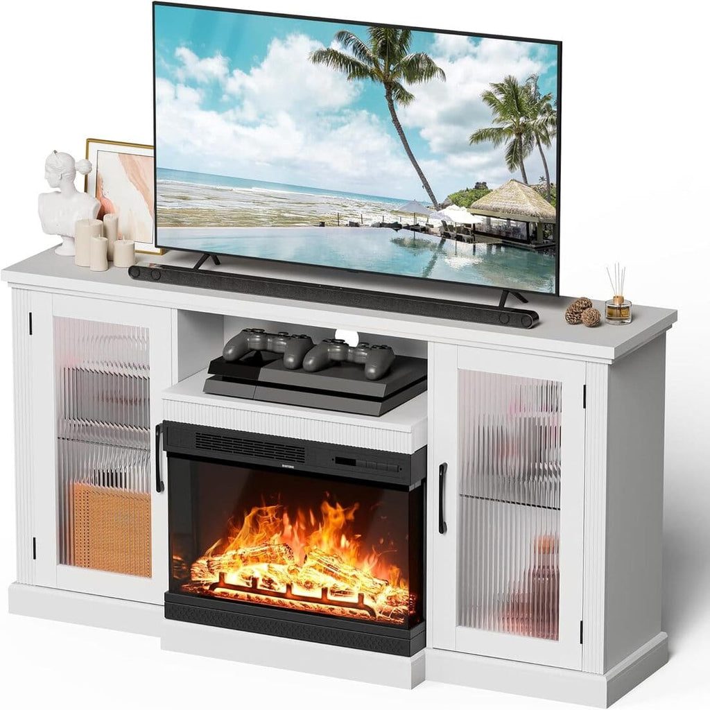 Pamapic 3-Sided Electric Fireplace TV Stand, Farmhouse Entertainment Center with 36" LED Fireplace & Glass Doors for Living Room