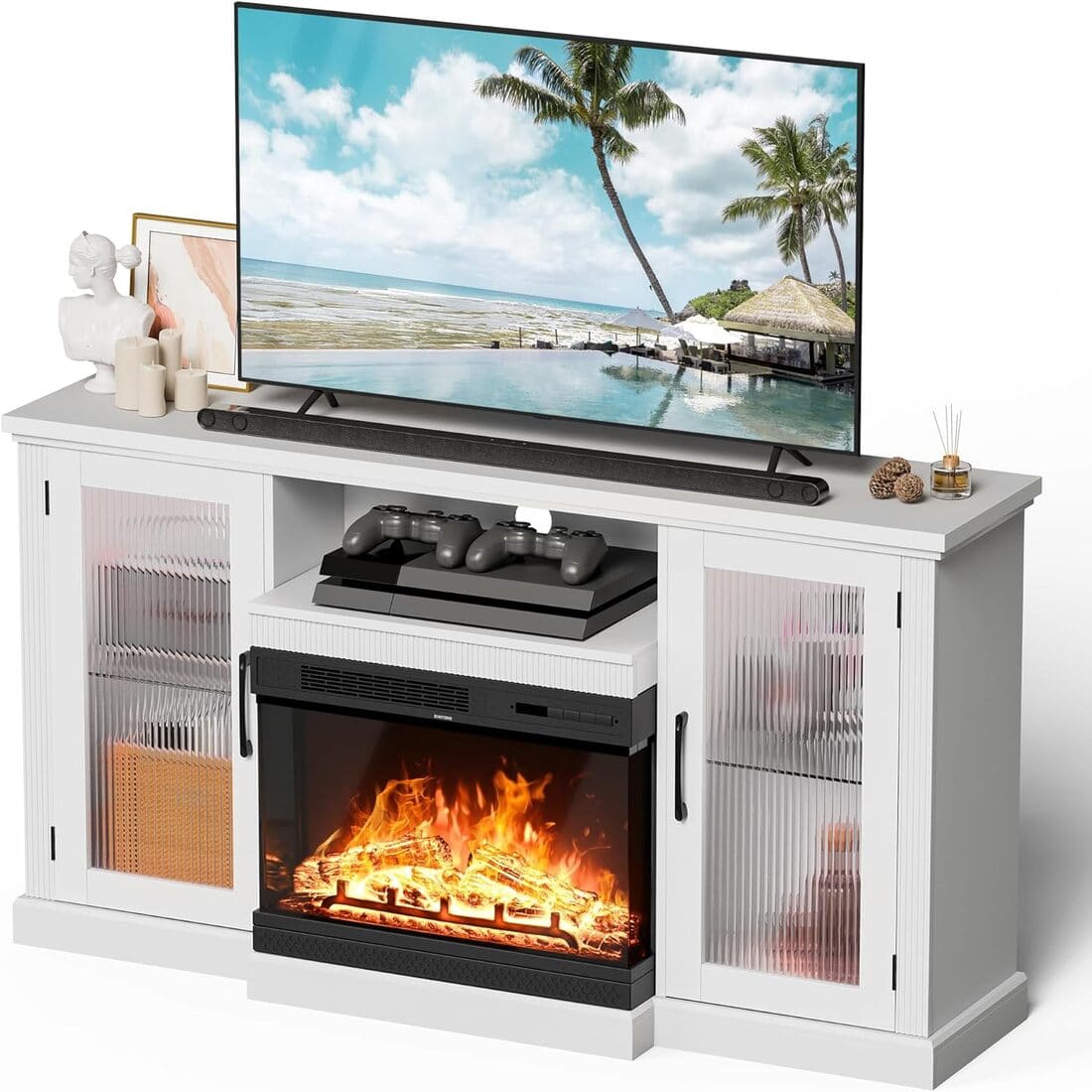 Pamapic 3-Sided Electric Fireplace TV Stand, Farmhouse Entertainment Center with 36" LED Fireplace & Glass Doors for Living Room