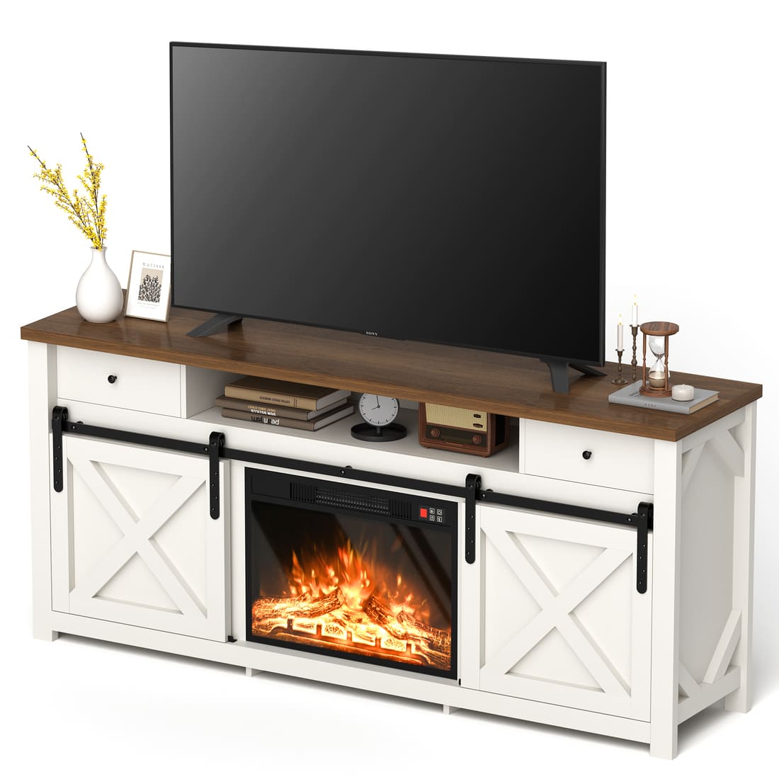 Pamapic 3-Sided Electric Fireplace TV Stand, Farmhouse Entertainment Center with 36" LED Fireplace & Glass Doors for Living Room